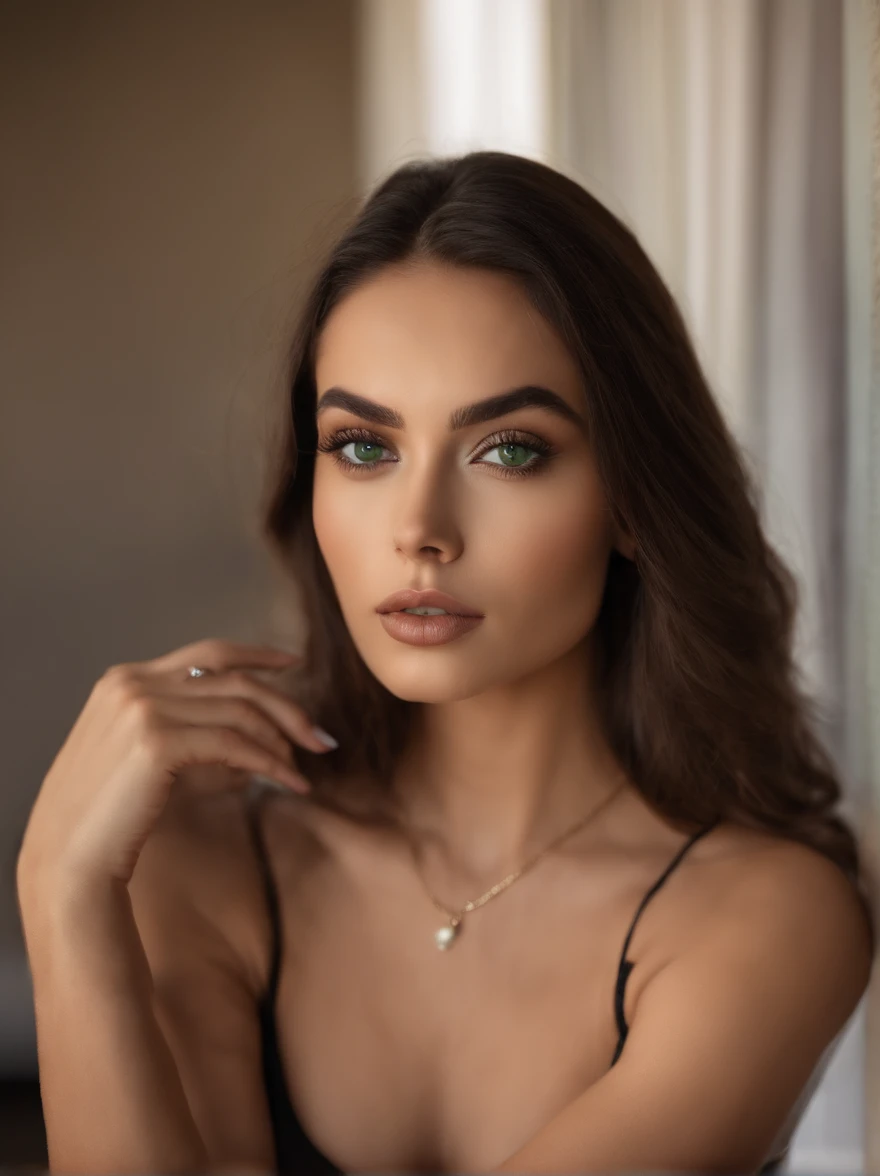 Arafed Mujer desnuda y con un collar, Chica sexy con ojos verdes, Retrato Sophie Mudd, brown hair and large eyes, en un hotel lujoso, Ojos del dormitorio, Violeta Myers, sin maquillaje, Maquillaje natural, staring directly into camera, cara con artgram, maquillaje sutil, Impresionante foto de cuerpo completo, penetrantes ojos verdes, beautiful angle, Pose atractiva, , pose sexy, Imagen de cuerpo entero, cuerpo completo, full body shoot, Diosa morena, High detail, Pose satisfecha