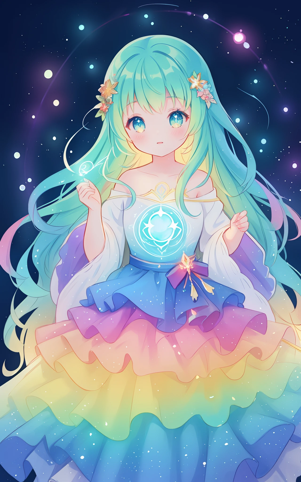 beautiful girl in an intricately designed layered rainbow ballgown, ((colorful)), flowing puffy long sleeves, young beautiful girl, flowing gown, inspired by Glen Keane, inspired by Lois van Baarle, disney art style, by Lois van Baarle, glowing aura around her, by Glen Keane, jen bartel, glowing lights! digital painting, flowing glowing hair, glowing flowing hair, beautiful digital illustration, fantasia background, whimsical, magical, fantasy, beautiful face, ((masterpiece, best quality)), intricate details, highly detailed, sharp focus, 8k resolution, sparkling detailed eyes, liquid watercolor