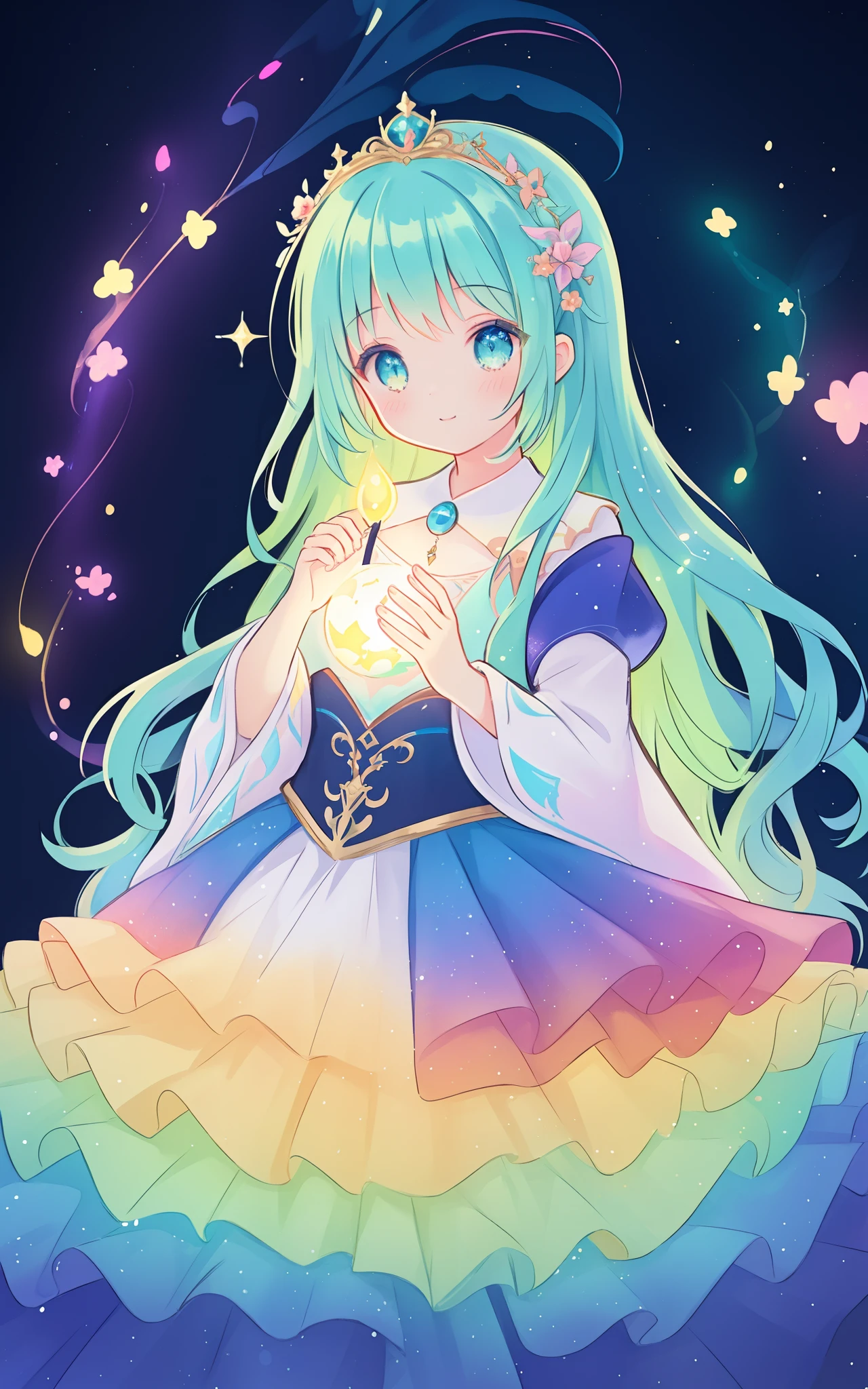 beautiful girl in an intricately designed layered rainbow ballgown, ((colorful)), flowing puffy long sleeves, young beautiful girl, flowing gown, inspired by Glen Keane, inspired by Lois van Baarle, disney art style, by Lois van Baarle, glowing aura around her, by Glen Keane, jen bartel, glowing lights! digital painting, flowing glowing hair, glowing flowing hair, beautiful digital illustration, fantasia background, whimsical, magical, fantasy, beautiful face, ((masterpiece, best quality)), intricate details, highly detailed, sharp focus, 8k resolution, sparkling detailed eyes, liquid watercolor