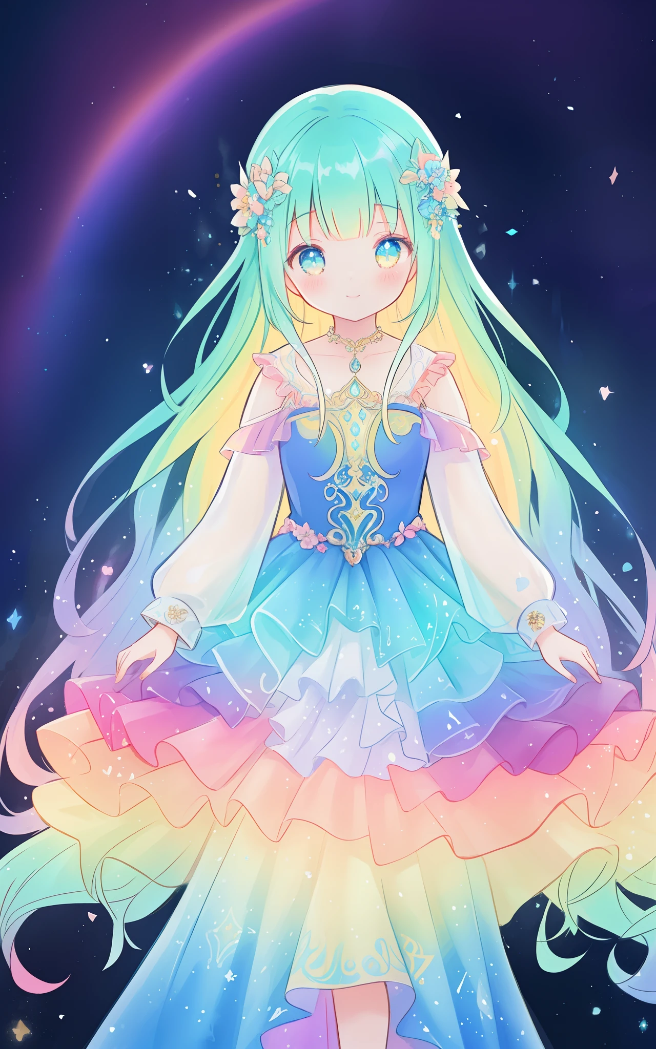 beautiful girl in an intricately designed layered rainbow ballgown, ((colorful)), flowing puffy long sleeves, young beautiful girl, flowing gown, inspired by Glen Keane, inspired by Lois van Baarle, disney art style, by Lois van Baarle, glowing aura around her, by Glen Keane, jen bartel, glowing lights! digital painting, flowing glowing hair, glowing flowing hair, beautiful digital illustration, fantasia background, whimsical, magical, fantasy, beautiful face, ((masterpiece, best quality)), intricate details, highly detailed, sharp focus, 8k resolution, sparkling detailed eyes, liquid watercolor