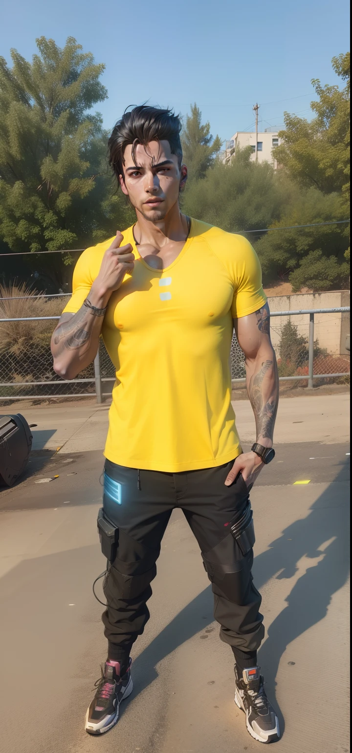 ((ultra-detallado, ultra-realistic realism)), better quality, an incredibly detailed and beautiful illustration, depicting the character Park, a man, 20 years old, manly face with half purple and half black short hair, orange jacket with open green details, showing defined and smooth pectoral, realistic 3d image, detailed skin. orange boot. gold earring in only one ear. open shirt showing smooth and defined pectoral. Gray pants with torn and green details. Human brown skin is realistic and detailed. smoking cigarettes. nose and eyeshadow piercing.