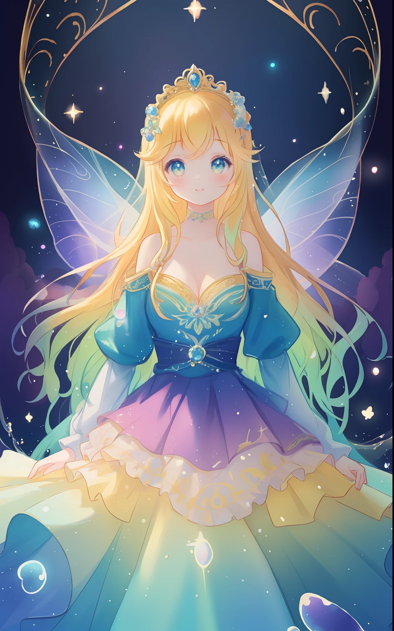beautiful girl, puffy tiered rainbow ballgown, princess, intricate dress design, (colorful), long wavy hair, magical lights, sparkling magical liquid, inspired by Glen Keane, inspired by Lois van Baarle, disney art style, by Lois van Baarle, glowing aura around her, by Glen Keane, jen bartel, glowing lights! digital painting, flowing glowing hair, glowing flowing hair, beautiful digital illustration, fantasia background, whimsical, magical, fantasy, ((masterpiece, best quality)), intricate details, highly detailed, sharp focus, 8k resolution, sparkling detailed eyes, liquid watercolor