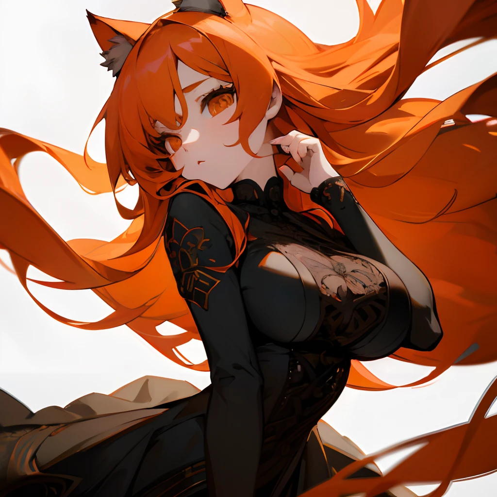 masterpiece, detailed, soft lighting, goth catgirl with long orange hair, orange eyes chibi, large breasts, white background, simple background, intricately eyes, intricately hair, intricately clothing, 4k