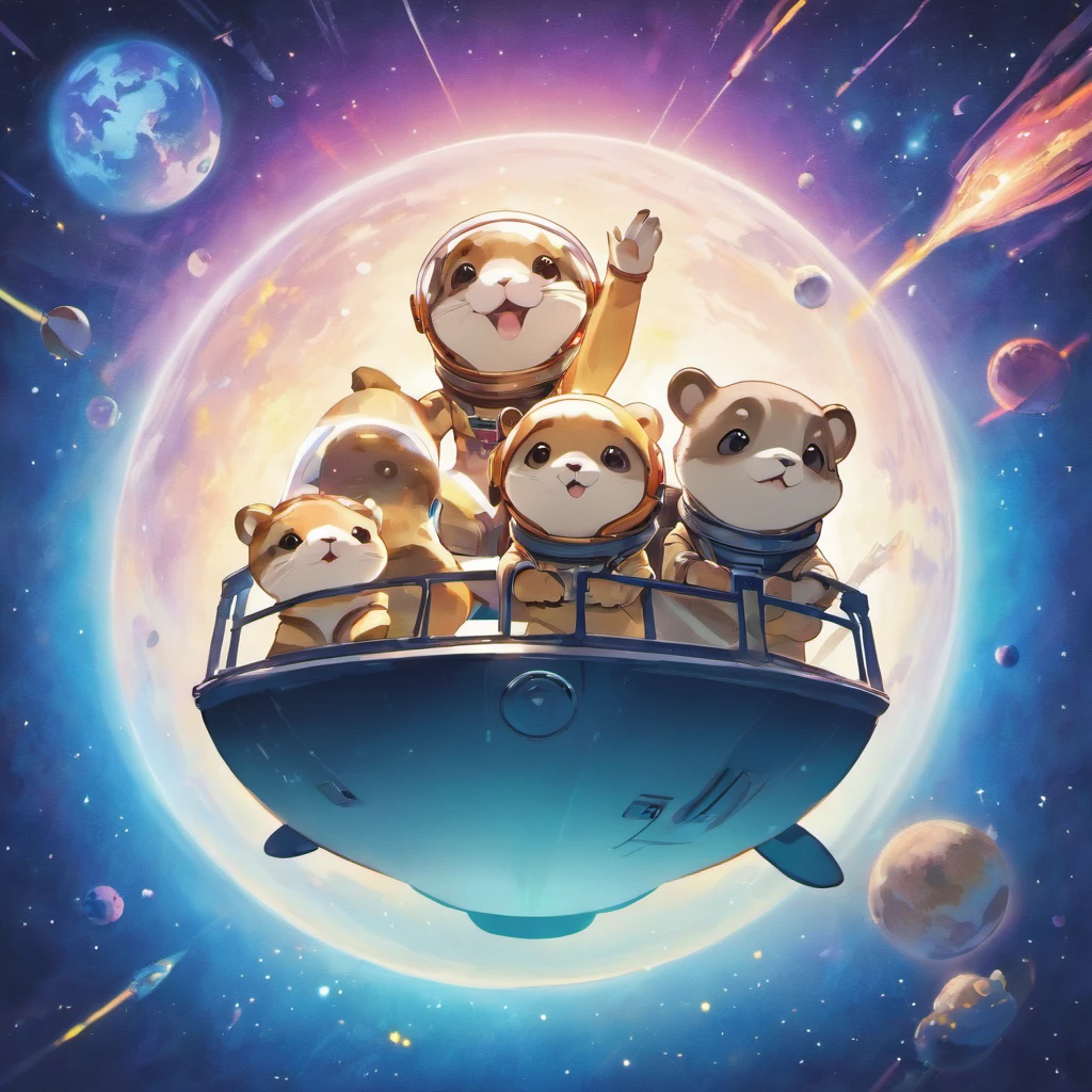Imagine a whimsical cosmic adventure featuring adorable space otters for our magazine cover. Picture these lovable otters floating amidst the stars, wearing futuristic astronaut helmets and playful space suits. Envision a vibrant celestial background with swirling galaxies, dazzling nebulae, and twinkling stars. Add an element of wonder and curiosity as the otters explore the cosmic wonders, perhaps riding on shooting stars or building a tiny spaceship out of intergalactic debris. Infuse the artwork with a sense of joy and camaraderie, capturing the playful spirit of these spacefaring otters. Let their expressions convey a mix of excitement and awe as they embark on their interstellar journey. Balance cuteness with the grandeur of the universe, creating a visually captivating cover that sparks the imagination and brings smiles to our readers' faces. Dive into the realms of space and otter charm, and craft a cover that is both enchanting and delightful.