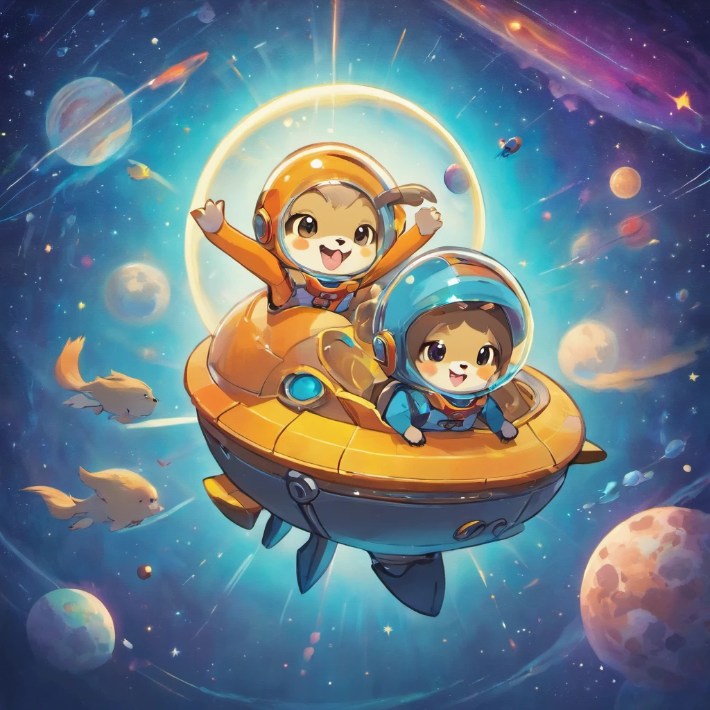 Imagine a whimsical cosmic adventure featuring adorable space otters for our magazine cover. Picture these lovable otters floating amidst the stars, wearing futuristic astronaut helmets and playful space suits. Envision a vibrant celestial background with swirling galaxies, dazzling nebulae, and twinkling stars. Add an element of wonder and curiosity as the otters explore the cosmic wonders, perhaps riding on shooting stars or building a tiny spaceship out of intergalactic debris. Infuse the artwork with a sense of joy and camaraderie, capturing the playful spirit of these spacefaring otters. Let their expressions convey a mix of excitement and awe as they embark on their interstellar journey. Balance cuteness with the grandeur of the universe, creating a visually captivating cover that sparks the imagination and brings smiles to our readers' faces. Dive into the realms of space and otter charm, and craft a cover that is both enchanting and delightful.