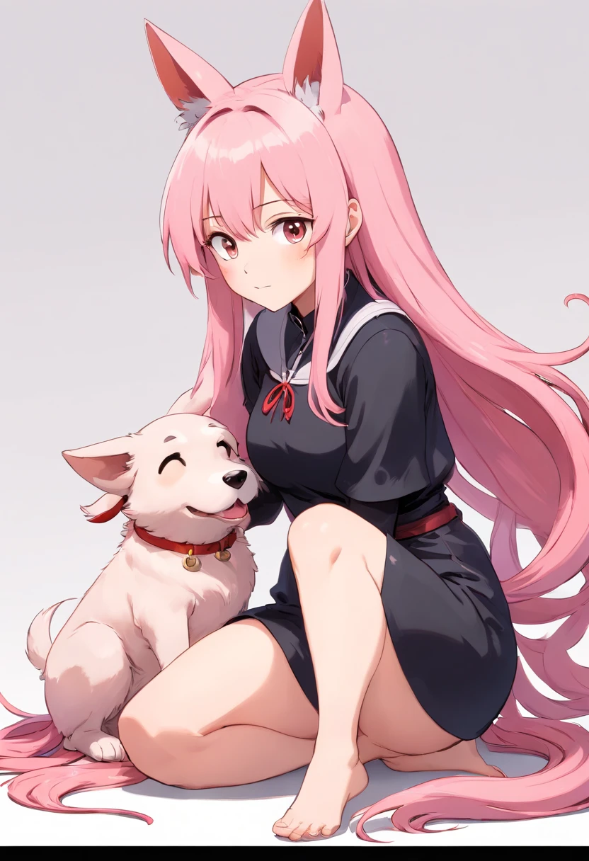 27yr old female ,curvy , Long straight Pink hair , dog ears, no pet, masterpiece, best quality, empty white background, full body image, on knees, kneeling, cute black outfit