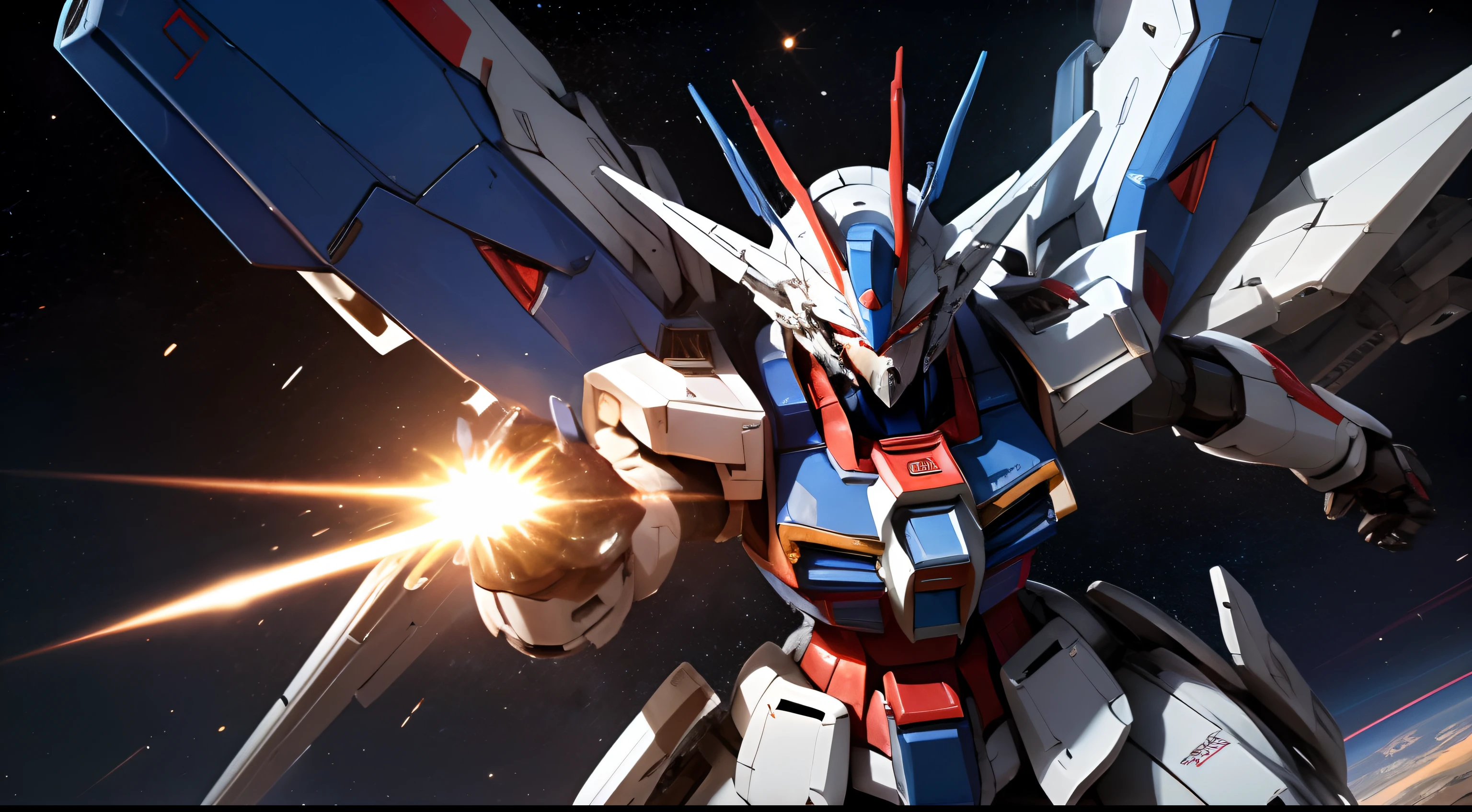 Blue and redZZGundam、Mobile Suit Robot、Engage fiercely with enemy mobile armored robots、flying in space