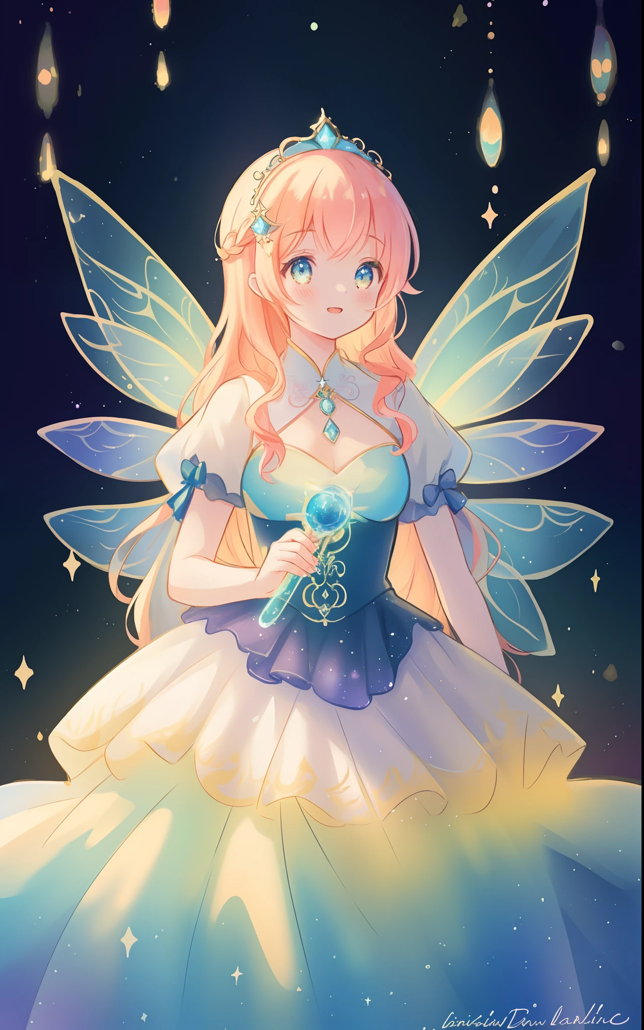 beautiful girl, puffy tiered rainbow ballgown, princess, intricate dress design, (colorful), long wavy hair, magical lights, sparkling magical liquid, inspired by Glen Keane, inspired by Lois van Baarle, disney art style, by Lois van Baarle, glowing aura around her, by Glen Keane, jen bartel, glowing lights! digital painting, flowing glowing hair, glowing flowing hair, beautiful digital illustration, fantasia background, whimsical, magical, fantasy, ((masterpiece, best quality)), intricate details, highly detailed, sharp focus, 8k resolution, sparkling detailed eyes, liquid watercolor