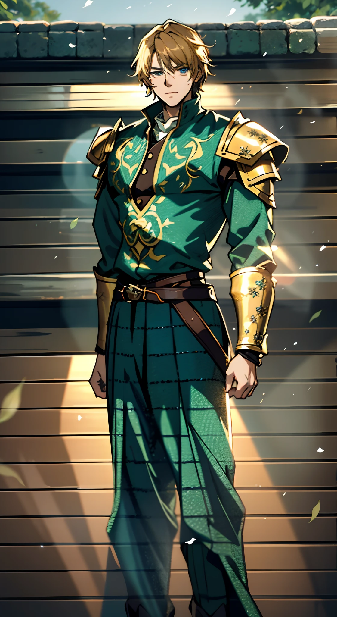 A middle-aged man with short golden hair, thick hair, a large X-shaped scar on his face, has gentle eyes, a calm expression, a fantasy-style coat with leaf-shaped chest armor, the color scheme is mainly grass green, with earthy yellow as secondary colors, a belt around his waist, coarse cloth trousers, the background shows a medieval fantasy-style street with snowflakes falling, this character embodies a finely crafted fantasy-style soldier in anime style, characterized by an exquisite and mature manga illustration art style, high definition, best quality, highres, ultra-detailed, ultra-fine painting, extremely delicate, professional, anatomically correct, symmetrical face, extremely detailed eyes and face, high quality eyes, creativity, RAW photo, UHD, 8k, Natural light, cinematic lighting, masterpiece:1.5