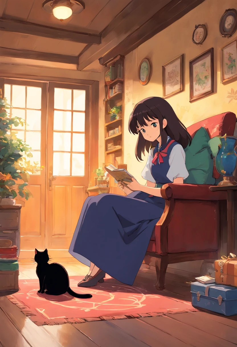 Witch's Delivery Service、black cat、Gigi the Cat、one cat、inside in room、I'm resting、beatiful backgrounds、Best Quality