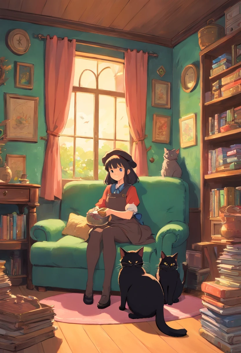 Witch's Delivery Service、black cat、Gigi the Cat、one cat、inside in room、I'm resting、beatiful backgrounds、Best Quality