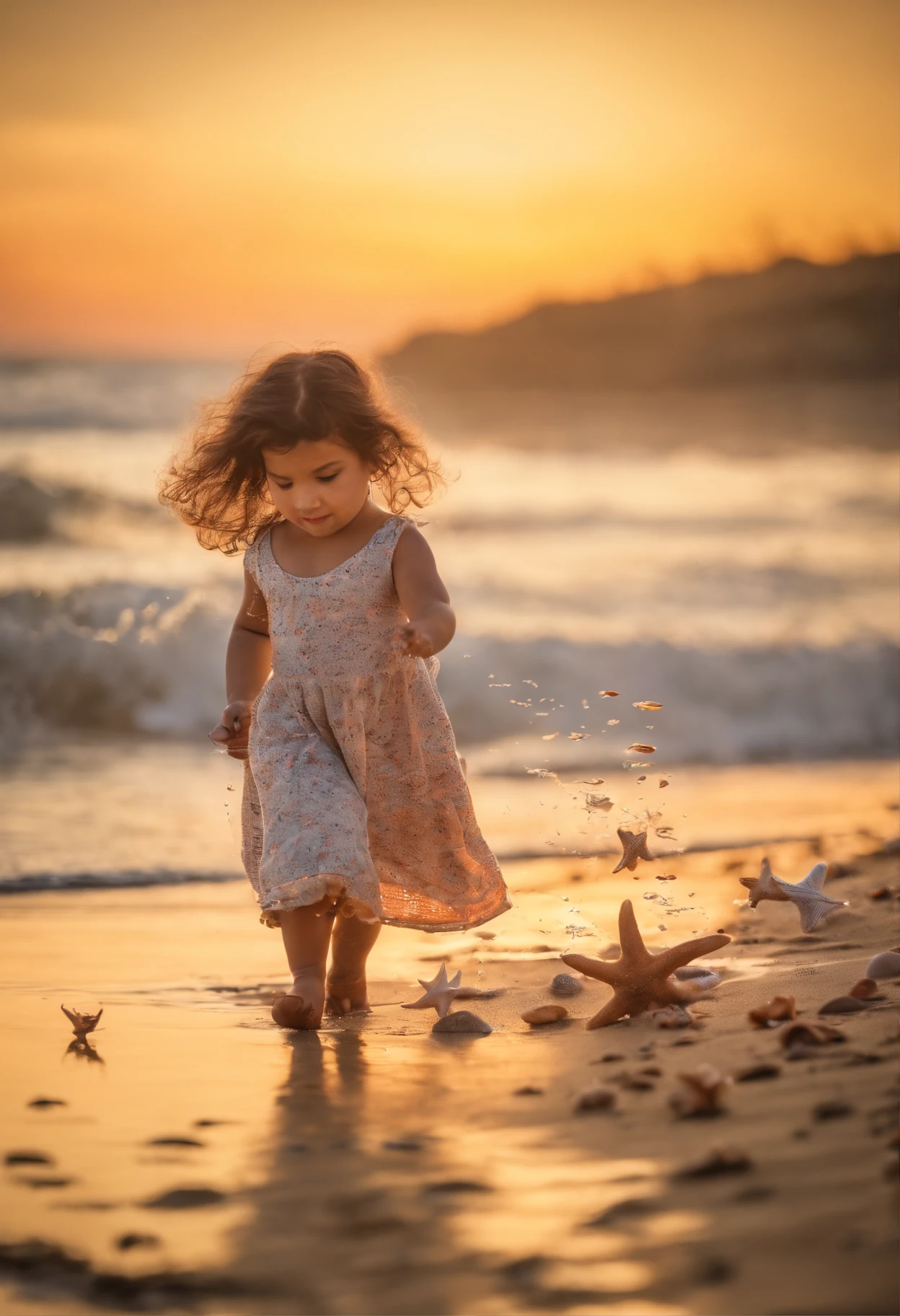 A playful girl with flowing hair, basking under the golden sun on a sandy beach, surrounded by gentle waves and seashells, evoking a serene, carefree summer vibe.