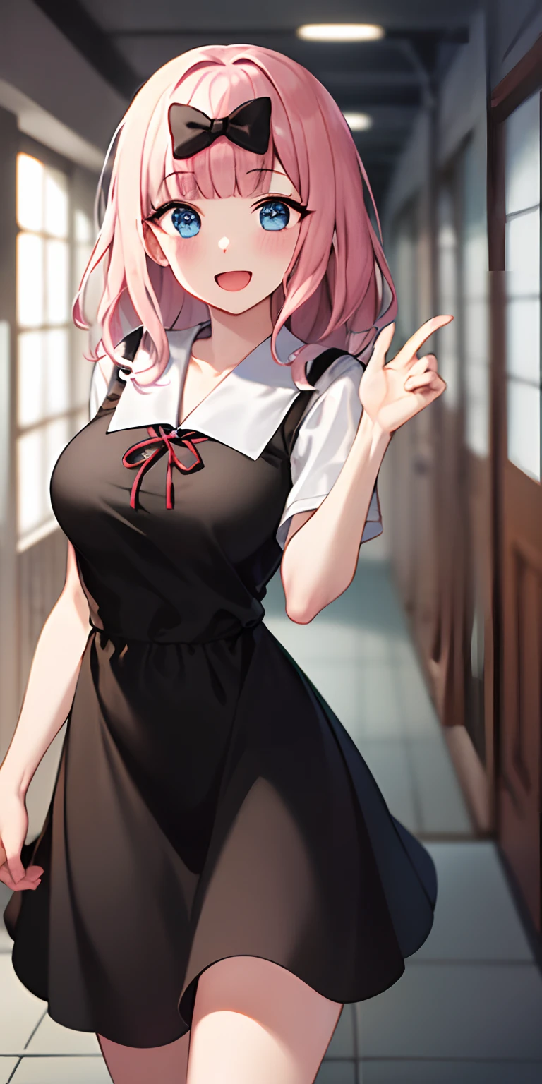 2d, masterpiece, best quality, anime, highly detailed, cowboy shot, 1girl, solo, fujiwara chika, blue eyes, pink hair, hair bow, black bow, school uniform, summer uniform, large breasts, standing, indoors, hallway, :d