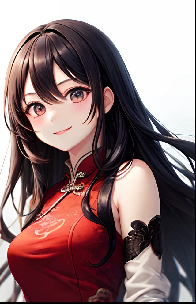 girl with、No background、without background、Background through、A dark-haired、The long-haired、long、Eyes are red、Akame、qipao dress、Red dress、A smile、kawaii、