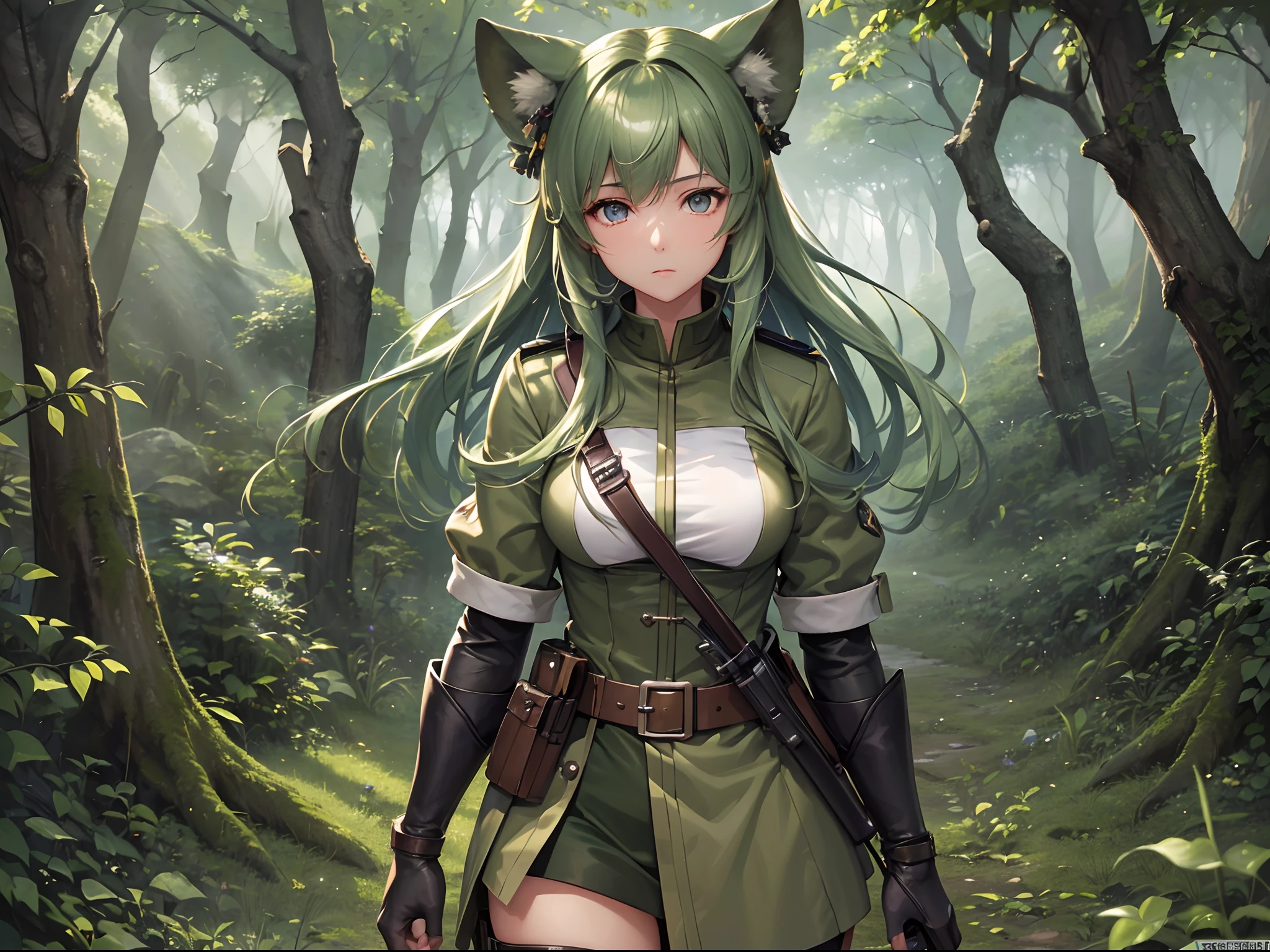 ((Finest quality)),(超A high resolution),(ultra-detailliert),((Best Anime)),sharpnes,Clair,Art with astounding depictions,In the dense forest:1.4, (female soldier:1.3),