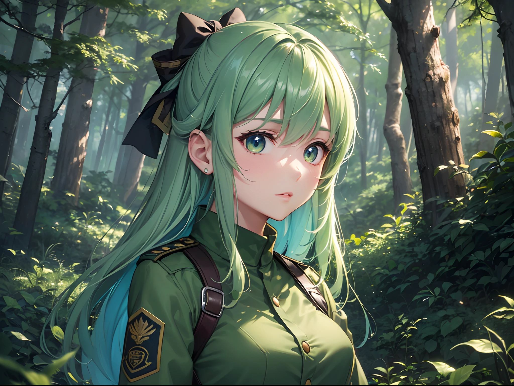 ((Finest quality)),(超A high resolution),(ultra-detailliert),((Best Anime)),sharpnes,Clair,Art with astounding depictions,In the dense forest:1.4, (female soldier:1.3),