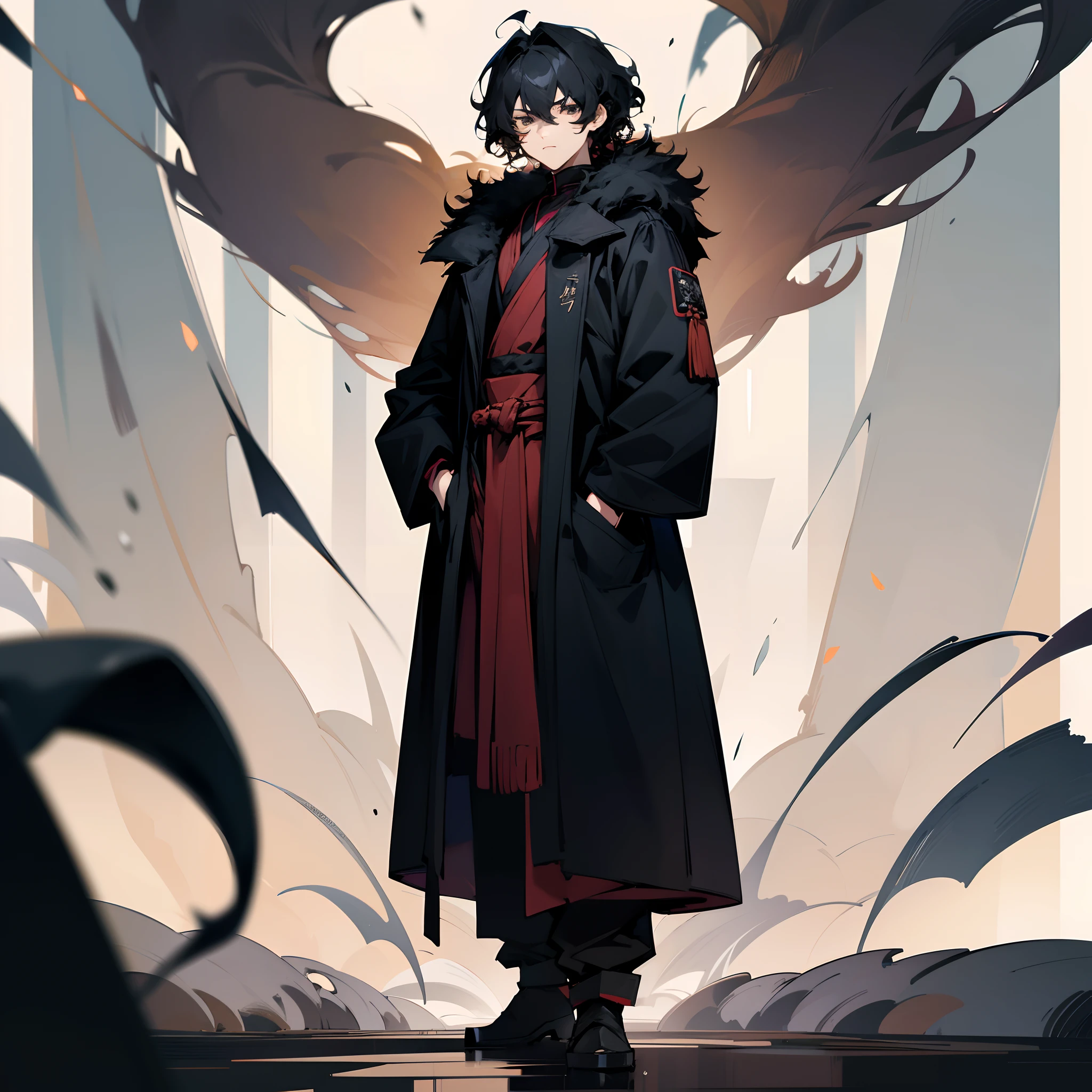 1male, short layered hair, wavy hair, black hair, black fur coat, ninja outfit, hands in pocket, standing on path, old library, lazy expression