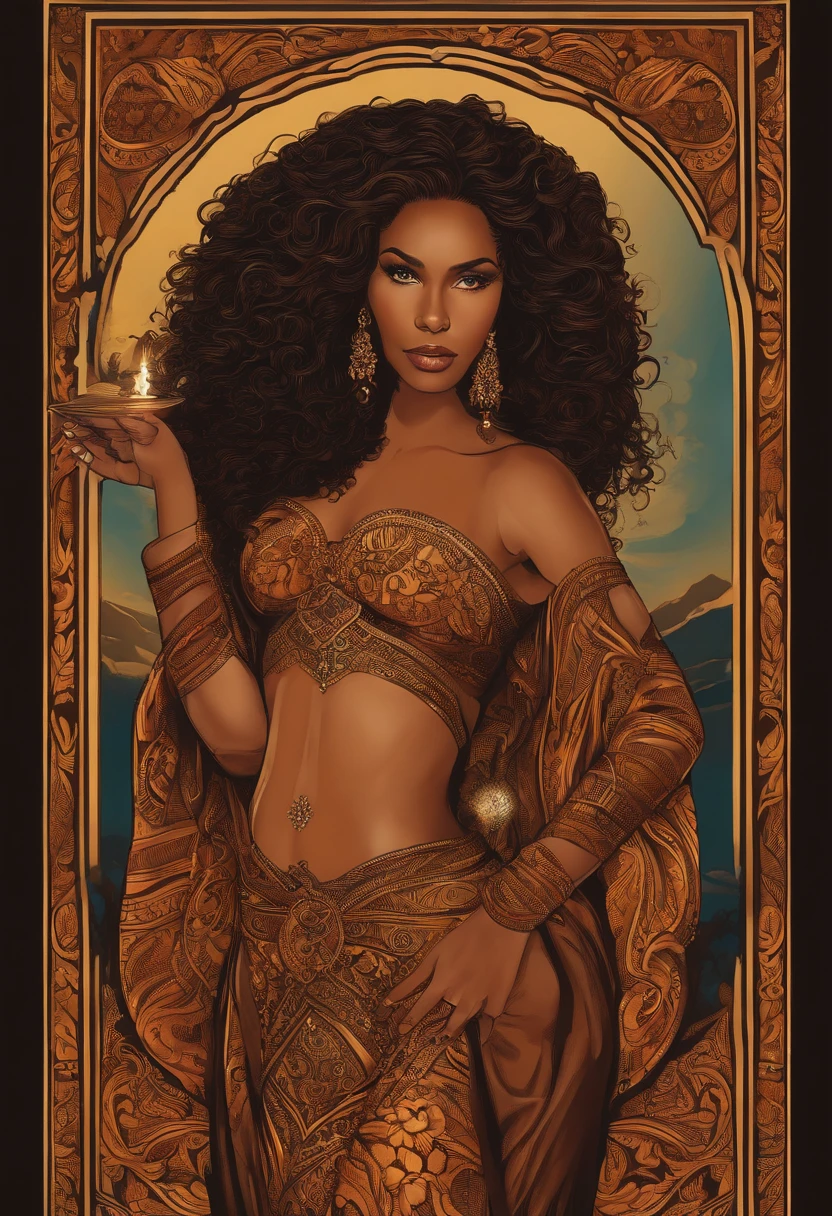 mulher alta magra com curvas, pele negra clara como se fosse bronzeada, long curly hair down to the waist,