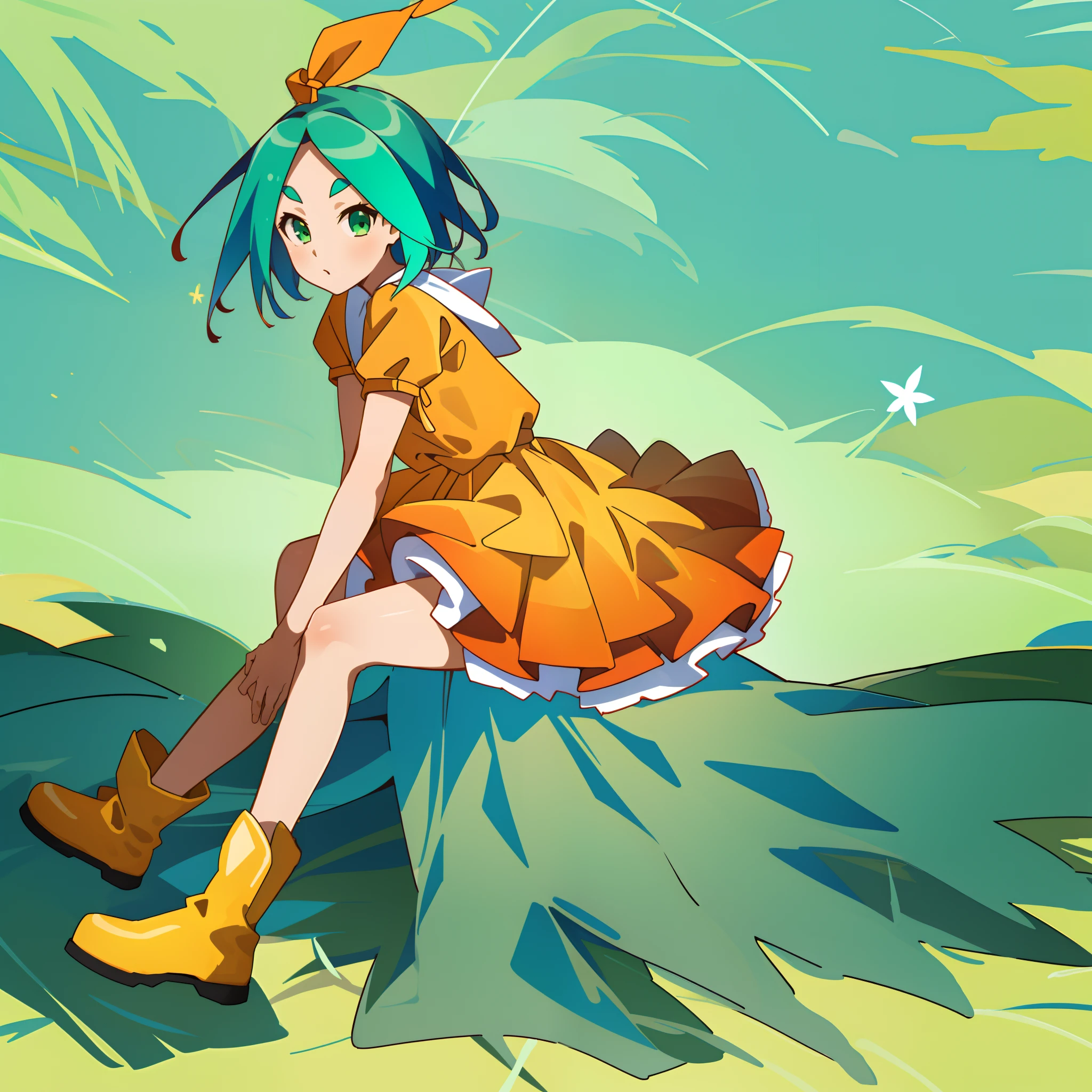 1girll, Female, Solo, (The wood of the four heroes), (Onoki Hart), Aqua_Hair, short_Hair, Green_Eyes, double tails, dress, streaked_upper legs, Superskirt, sitting down on the floor, Detailed:1.4, Background, HDRI, 4K, Masterpiece,
day, Spring, green trees, Boots, Yellow_Footwear, Show on the, Show on the_Pose,WeChat avatar