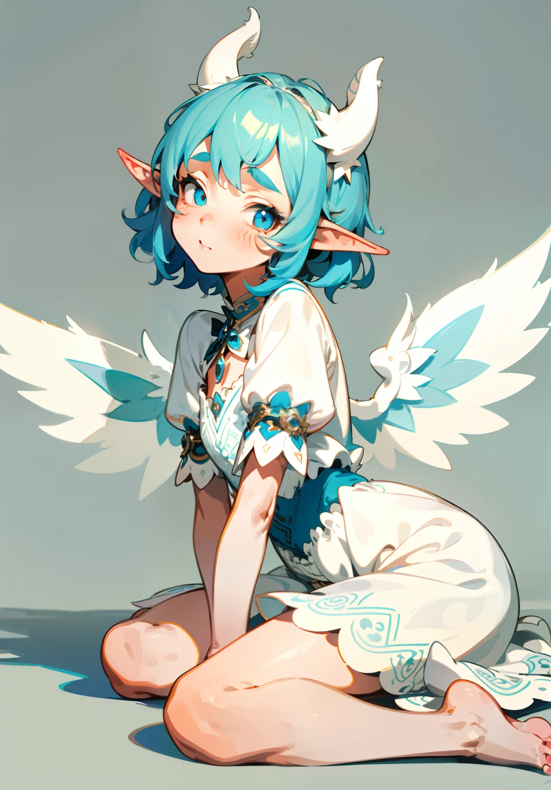 1GIRL, cute girl, finely detailed, (best quality), (intricate details), cute style, nymph style, fantasy style, multicolored, ((short blue hair)), ((white horns)), ((elf ears)), wings, best quality, ((short puffy white dress)), ((barefoot)), ((round eyes)), beautiful face, cute face, pinup, perfect face, simple forest background