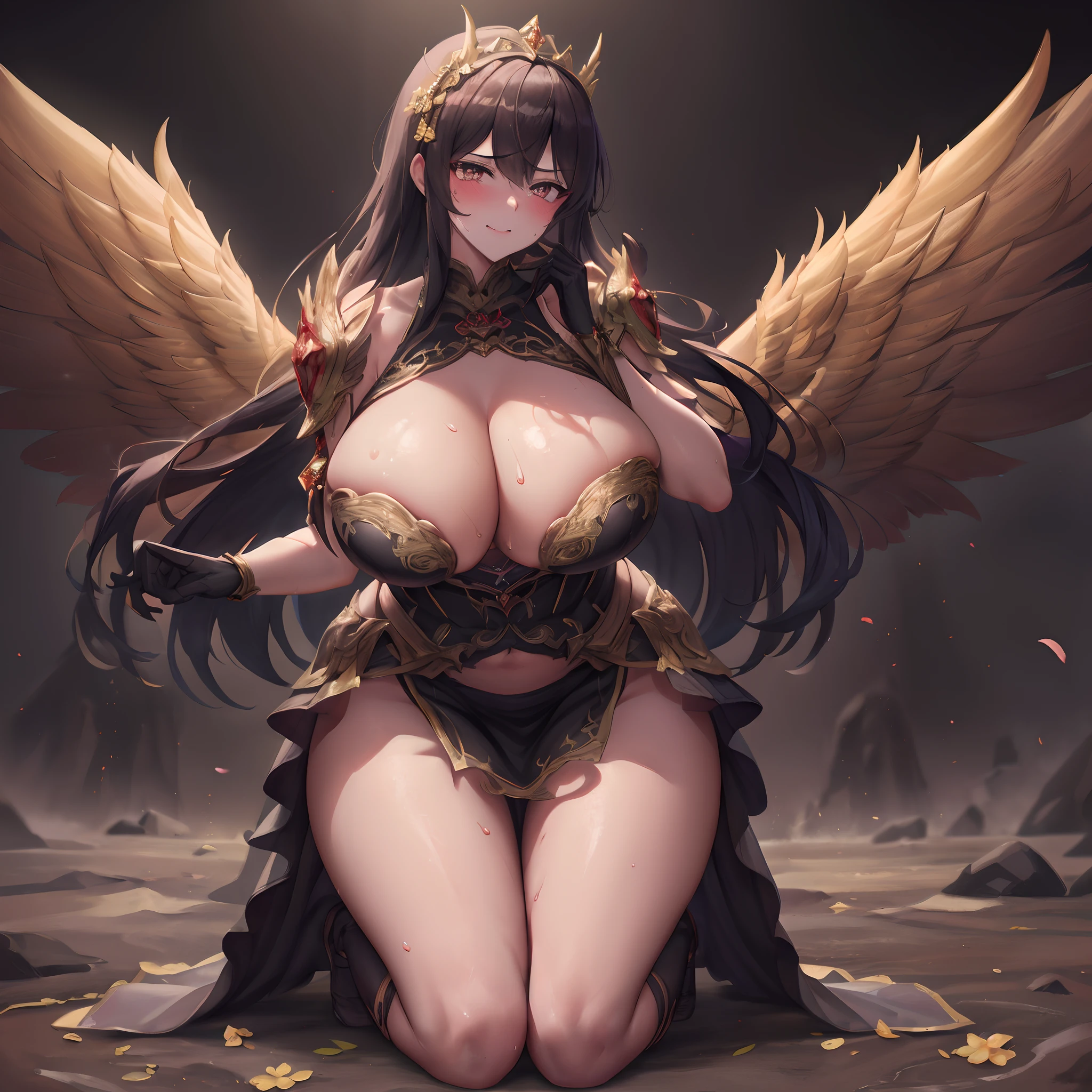 ((Anime Art Style)),(masutepiece),(Best Quality), (Super Detail),((Very delicate and beautiful)),Focus on character,Dynamic Angle,Looking at Viewer,((Solo)),Standing,(((Full body))),((one evil and cute princess in gorgeous ball gown with voluminous skirt)),Detailed face and eyes,(nefarious smirk),Eyes Like Gems,((Very Long voluminous Hair)),gorgeous embroidery and lace,See-through,ornate ruffles,Gorgeous jewelry ornaments,luxury hair ornament,luxury and evil tiara with jewels,(huge-breasted,Long breasts),Full body,((evil and dark atmosphere)),Full body,(((gorgeous ballgown with voluminous skirt)))(masterpiece、top-quality、top-quality、Official art、Beautifully Aesthetic:1.2)、(One girl:1.3)、A highly detailed、(Fractal Art:1.1)、(colourfull:1.1)(florals:1.3)、The most detailed、(Zentangle:1.2)、(Dynamic Poses)、(Abstract background:1.3)、(shinny skin)、(Many colors:1.4)、、(耳环:1.4)、(pluma:1.4)ung aristocratic maid woman)((Black ruffled maid outfit with luxurious embroidery))((Heavy drool))((Very angry look))((red blush))((Painful and troubled face))((The face of suffering and perseverance))((Heavy sweat on the face,)((Heavy sweat spreading all over the body)))Girl with a troubled face、nightcity、Sateen、Kimono without sleeves、A dark-haired、Holding a weapon with blood on it、Looking at the camera、Cherry blossoms are dancing,Unusually resistant、red blush、shrine maiden、valkyrie、Angel wings、a navel、sideboob barbosa、with an intricate、Particles of light、thighs thighs thighs thighs、shinny skin、Perfect litthing、1girl in、looking at the viewers、Winged headgear、pelvis curtain、A smile、(masterpiece)、(top-quality)、tiny chest、Porcelain Skin、Very long hair、hair wavy、Royal sister,femele,A queen,putting on a crown,There are a lot of golden lightning around,sitting in a throne,Bangs cover the eyes,Black Suspender Socks,Black Lace Top,,High jump,Grab Erlang's leg,,Black Silk Top,domineering,smil,The corners of the mouth are raised,Red and gold eyes,Black silk erotic underwear,Black top,Black Silk