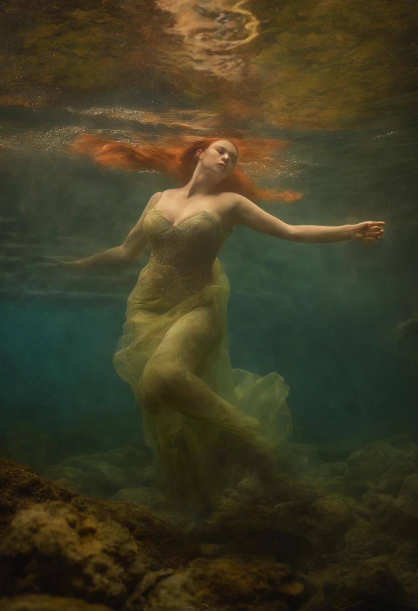 Painting of a a very pale woman lying down, blue veins shine through the skin, pale lips, closed eyes, full-length immersed in water, dark atmosphere, sun glare, frame from top to bottom. Cinematic scene, volumetric lights, ultra realistic, in the style of Nikola Samori