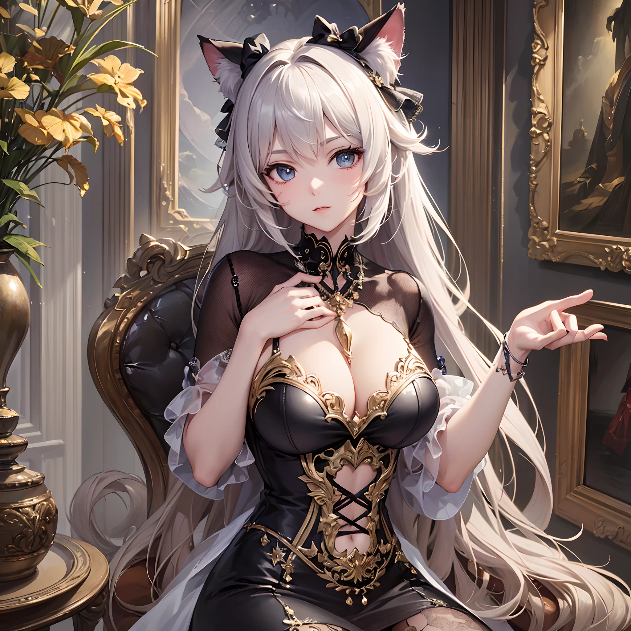 ((Finest quality)),(超A high resolution),(ultra-detailliert),((Best Anime)),sharpnes,Clair,Art with astounding depictions,Glamorous atmosphere:1.4, (dame:1.3,Glittering dresses),Sit on a chair and hold a cat to your chest