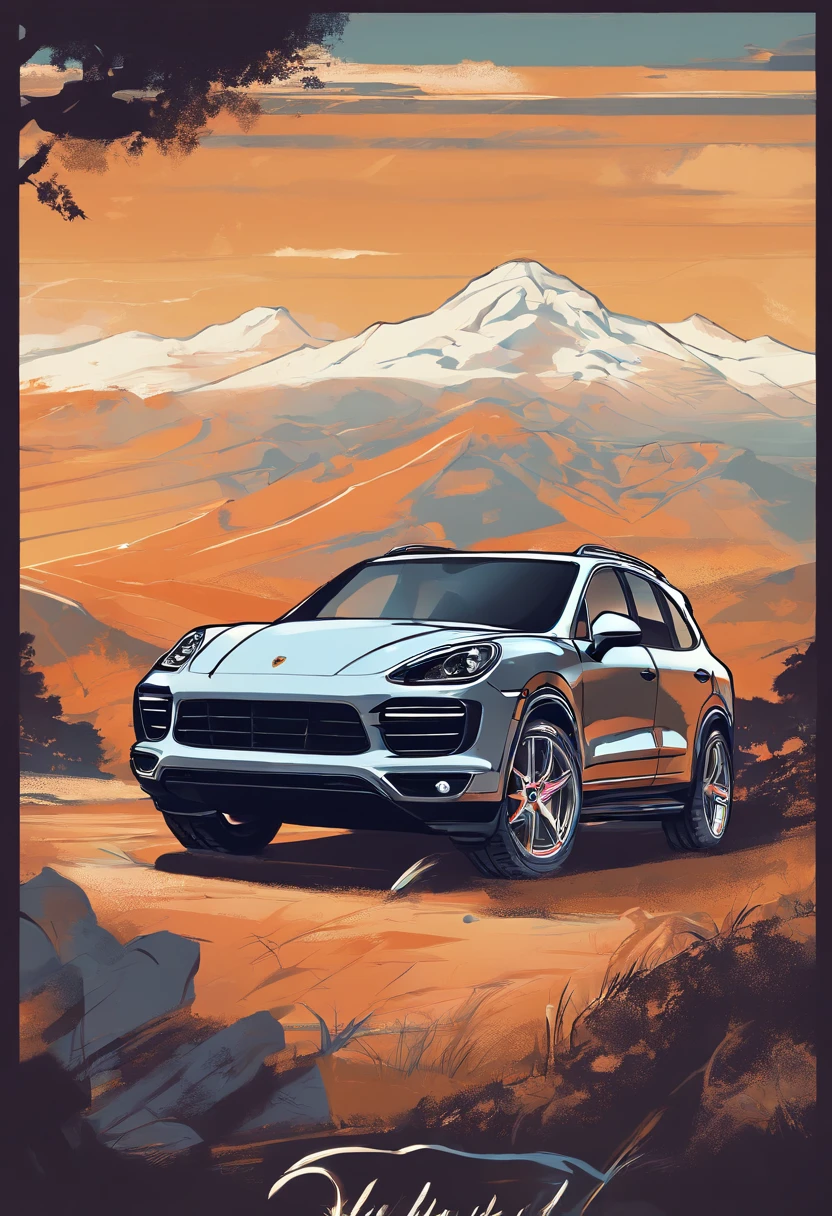 T-shirt design, genshin impact graphic, vector, a Porsche Cayenne with a scenic landscape in the background, detailed illustration, and retro style