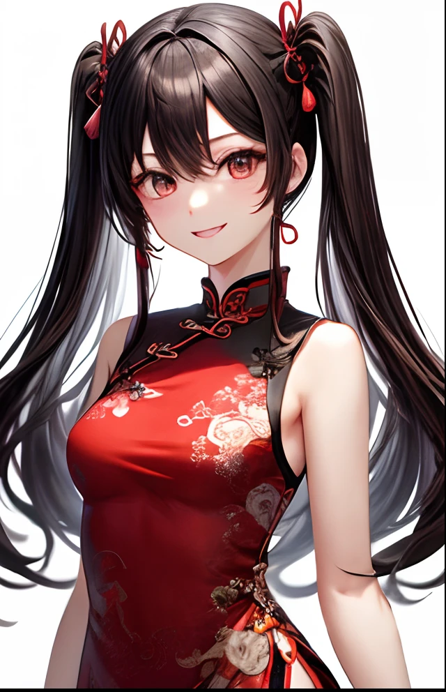 girl with、No background、without background、Background through、A dark-haired、Twin-tailed、Two knots、Eyes are red、Akame、qipao dress、Red dress、Chinese、A smile、kawaii、