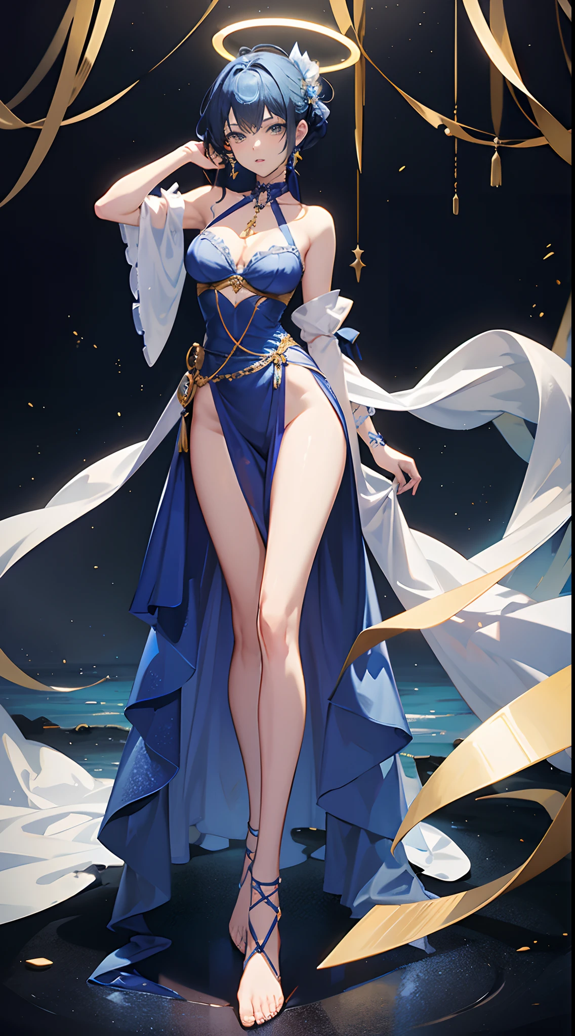 Erotic blue erotic style halterneck,Mesh sliced blue skirt sheer battle robe,Take it off freely,Slender, Slender and fair legs,Cover your breasts,Perfect body proportions,Old Wood Town,Full body image of cute well-behaved skinny girl,Barefoot gold ankle decoration,Tall brunette ponytail,Blue-gold hair accessories,Many cyan patterns are attached to the dress,The halo of the French array surrounds,Expose the collarbone