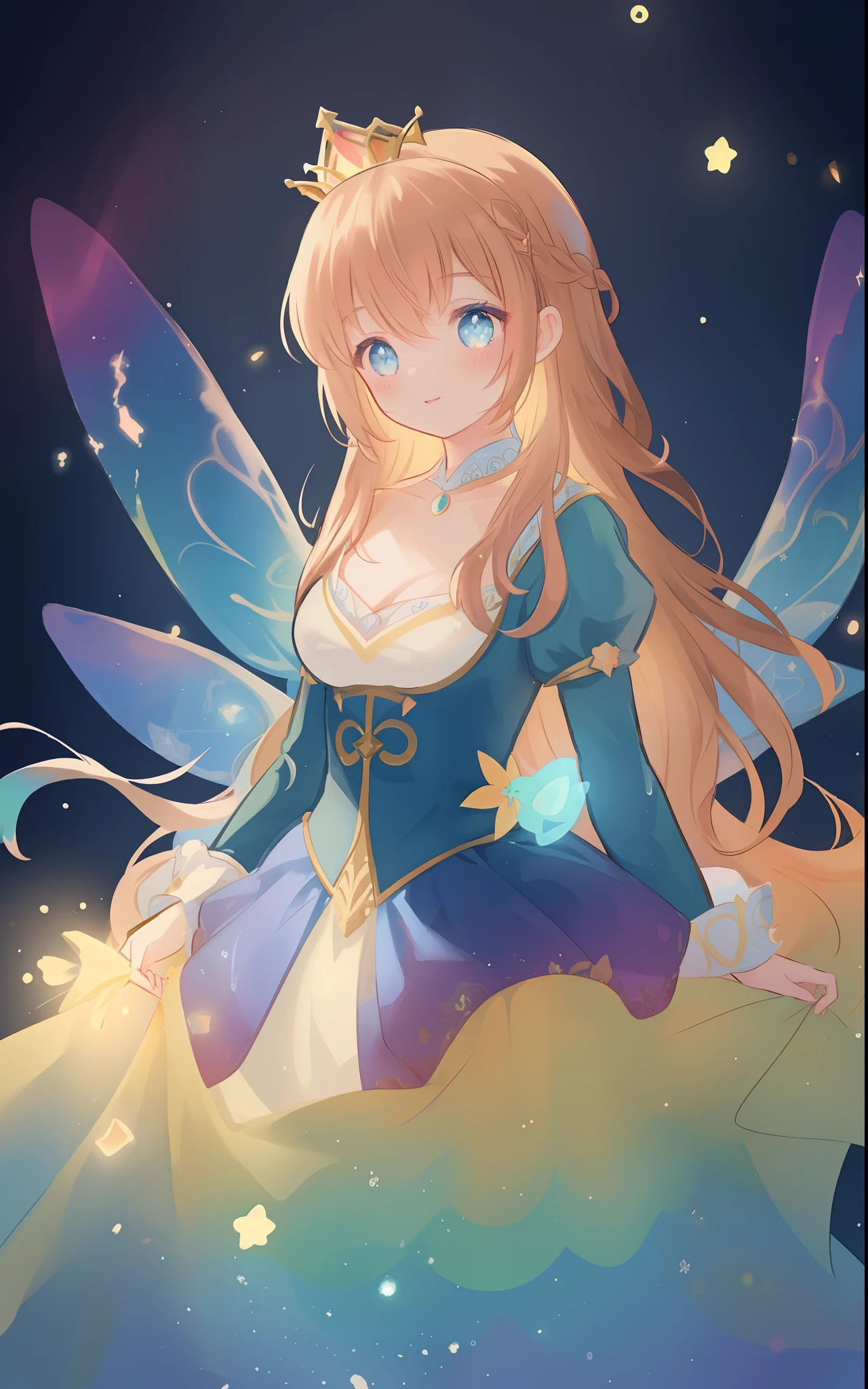 beautiful girl, puffy tiered rainbow ballgown, princess, intricate dress design, (colorful), long wavy hair, magical lights, sparkling magical liquid, inspired by Glen Keane, inspired by Lois van Baarle, disney art style, by Lois van Baarle, glowing aura around her, by Glen Keane, jen bartel, glowing lights! digital painting, flowing glowing hair, glowing flowing hair, beautiful digital illustration, fantasia background, whimsical, magical, fantasy, ((masterpiece, best quality)), intricate details, highly detailed, sharp focus, 8k resolution, sparkling detailed eyes, liquid watercolor