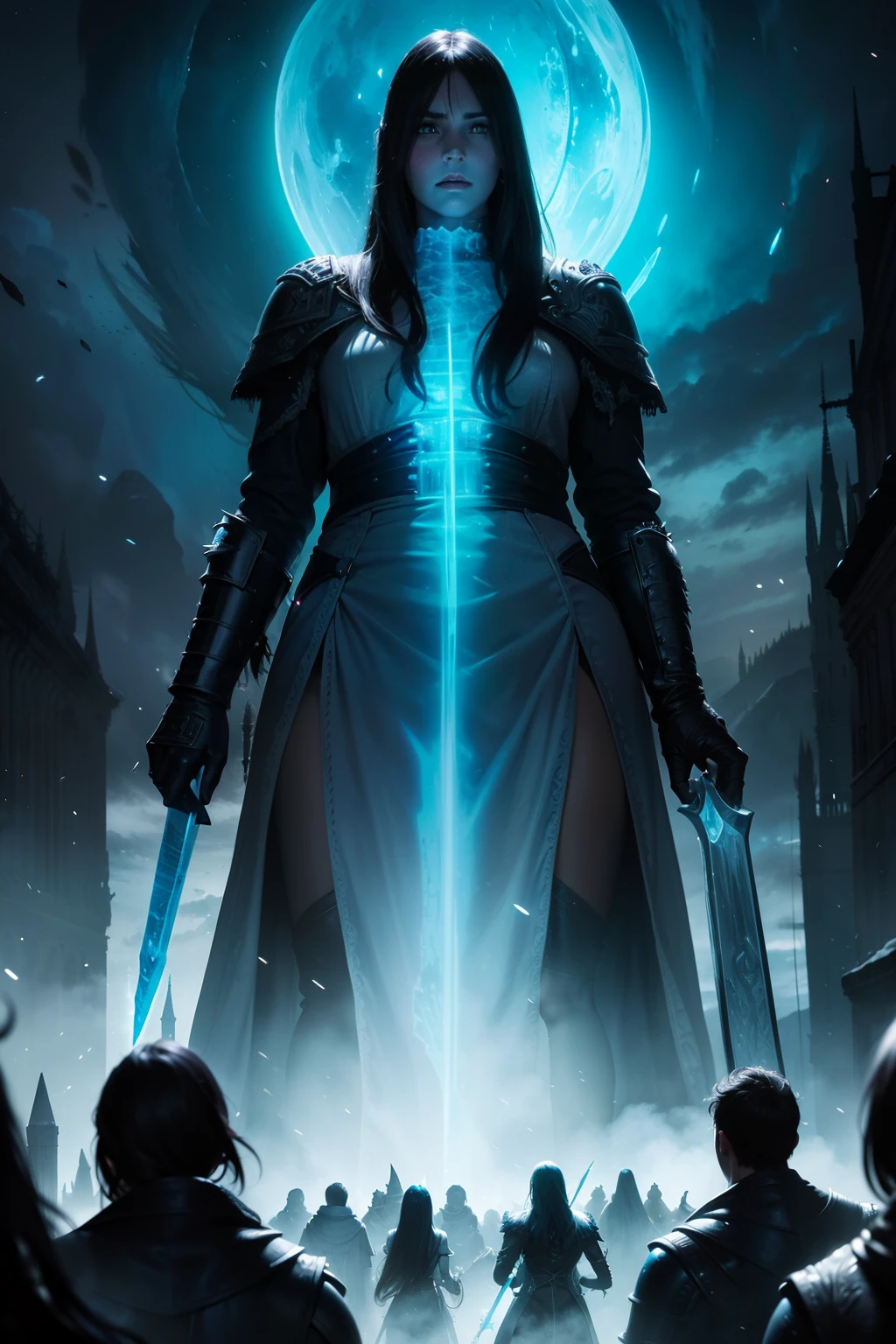 picture of giant female ice revenant, looming a party of five adventurers, highly detailed, detailed face, smooth, sharp focus, high fantasy, horror, chiaroscuro, blue monochromatic, digital painting, artgerm and greg rutkowski and alphonse mucha
