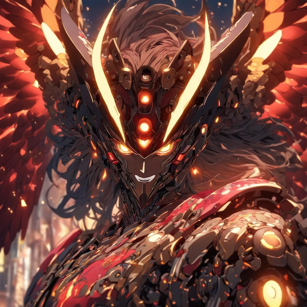 (Intricate details:1.4), (masutepiece) , ((anime robots, Hell)), (Detailed eyes) ,(mechanical wings), (Wings:1.3), A black, multicolored hair, (Anatomically correct body:1.4), (Perfect face), | Ultra-detailed robotic armor | Cinematic lighting | Complex filigree metal design | 16 K | unreal enginee 5, Lightning Effect, (Ray tracing), 16k Race ,Full burst