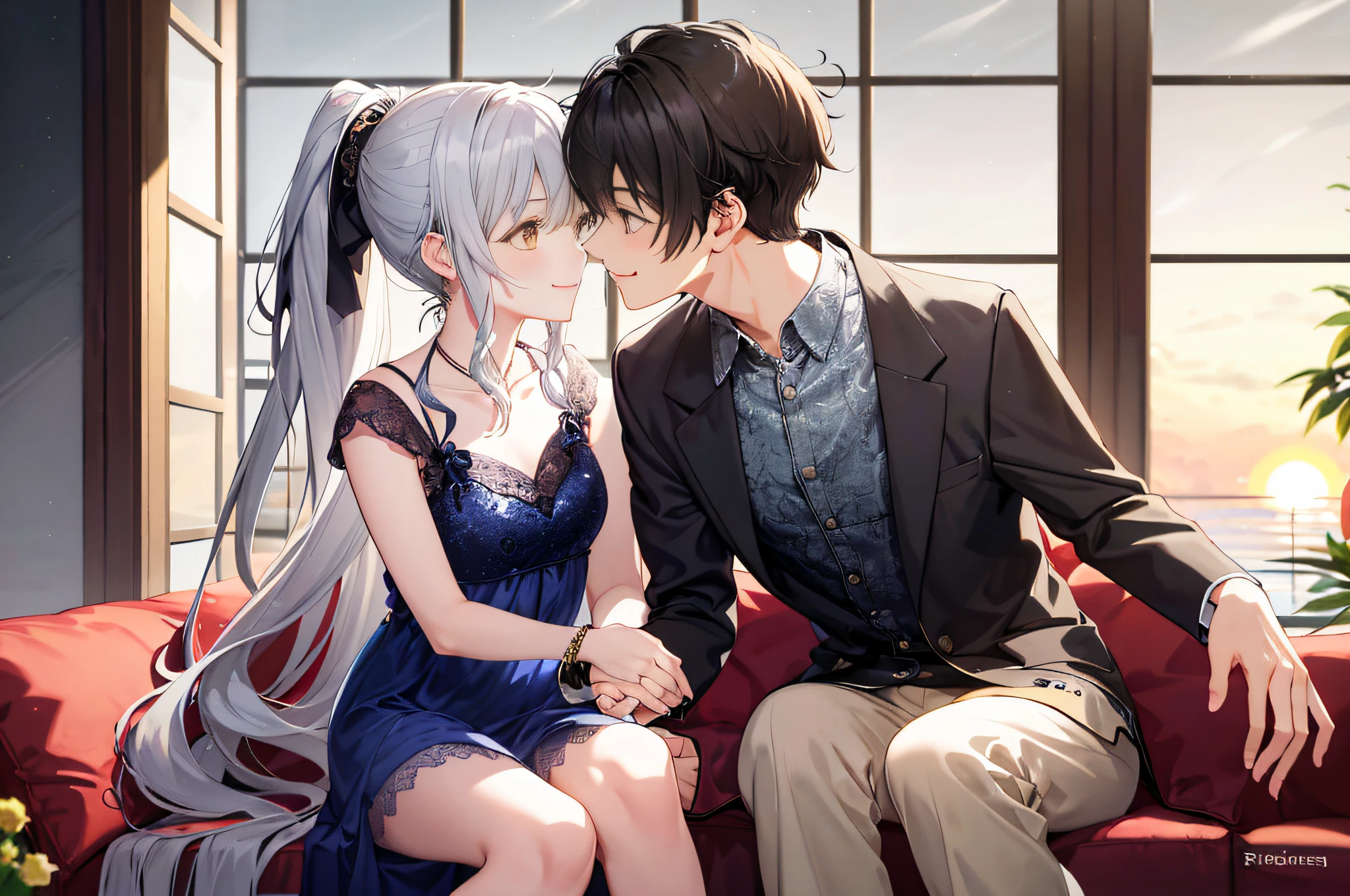 1 brown-eyed male boy with short black hair in full spring suit and 1 long curly wavy silver hair and messy ponytail high yellow eyes writhing girl in full spring dress Juliet long slevess smiling, (Boy with girl smiling), (Boy with girl smiling and loviling)