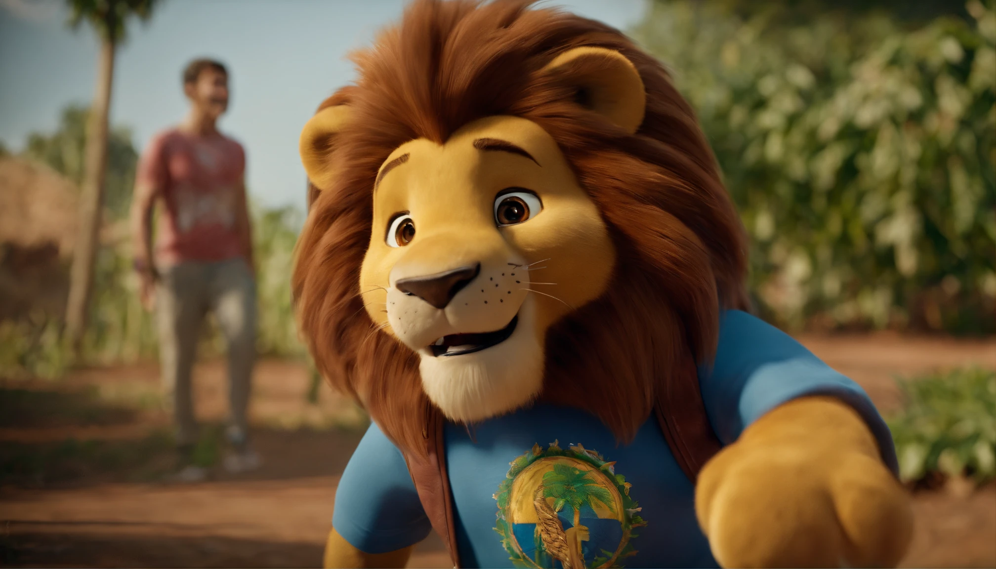 "Desenhe uma imagem de Daren, the Lion, o mascote do Proerd Brasil e do D.A.R.E dos Estados Unidos, in a vibrant and friendly environment. Make sure Daren is portrayed in a friendly and encouraging manner, Conveying the idea of drug prevention and education to children. Daren deve estar sorrindo e usando uma camiseta com o logotipo do Proerd e D.Um.r.e, And he may be interacting in some way with the children, como brincando com elas ou ensinando sobre os perigos das drogas. Um imagem deve ser colorida e cheia de vida, conveying a sense of hope and positivity. Remember to include thoughtful details in Daren's coat texture and expressive eyes that reflect his dedication to the cause."
