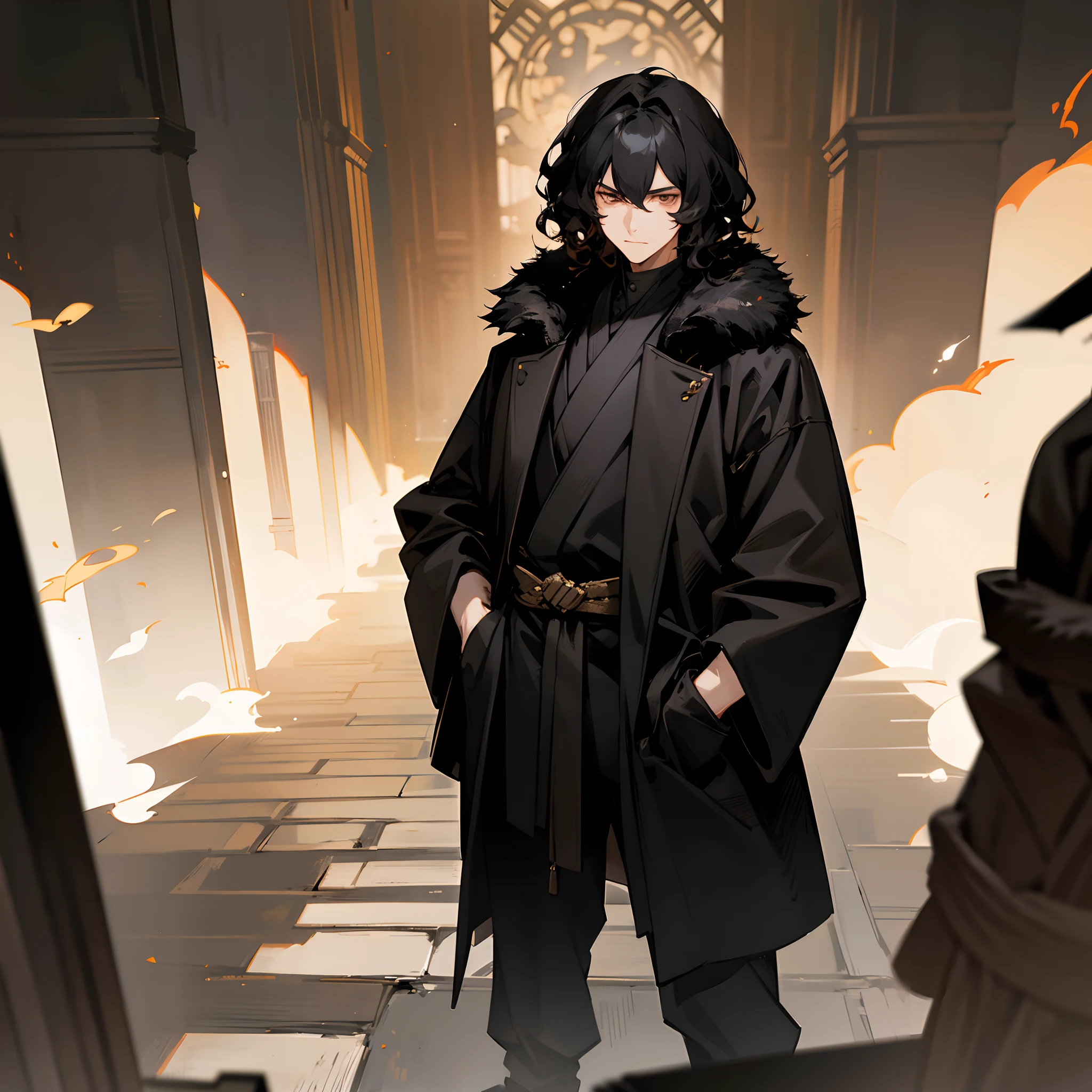 1male, adult, short layered hair, wavy hair, black hair, black fur coat, ninja outfit, hands in pocket, standing on path, old library, lazy expression