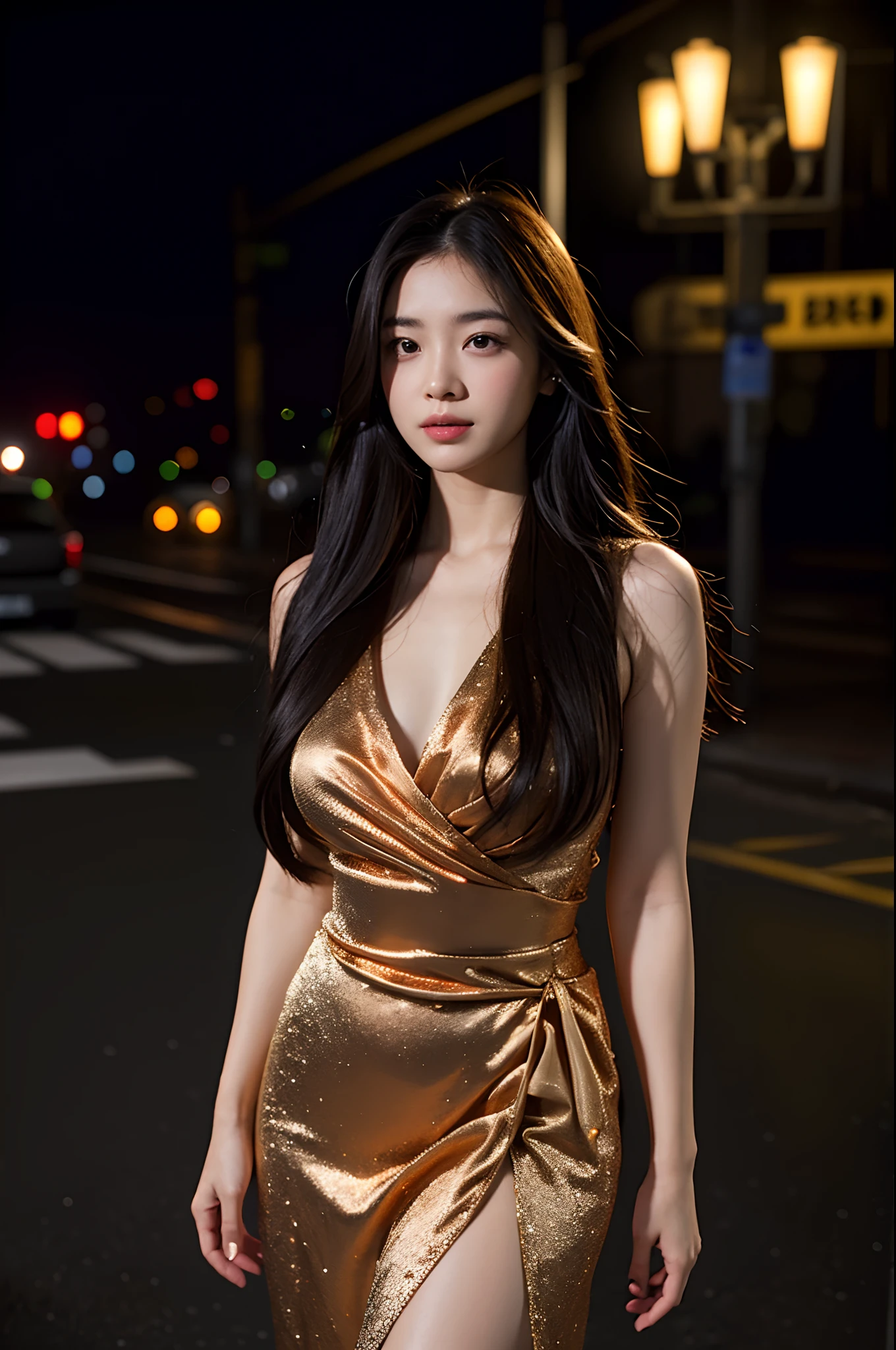 1 girl wearing sparkling dress, big board downtown, ((sports car: 1.0)), bag, celebrity style, luxury, luxury decoration, necklace, (RAW photo, best quality), (realistic, photo realistic: 1.4), masterpiece, extremely delicate beautiful, very detailed, 2k wallpaper, amazing, fine details, extremely detailed CG Unity 8k wallpaper, super detailed, high resolution, soft light, beautiful detailed girl, extremely detailed eyes and face, beautiful nose, Beautiful detail eyes, perfect anatomy, soft light, slender body, city lights at night