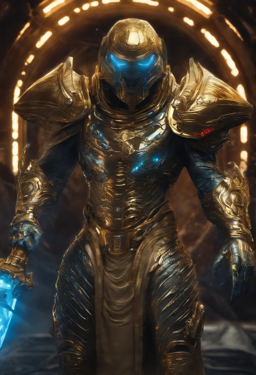 Mundo de Warcrat Holy Paladin macho com cabelo vermelho e barba pequena em grande armadura dourada de corpo inteiro, Able to attack and defend, holding a large golden hammer in his right hand and wearing a golden shield in his left hand