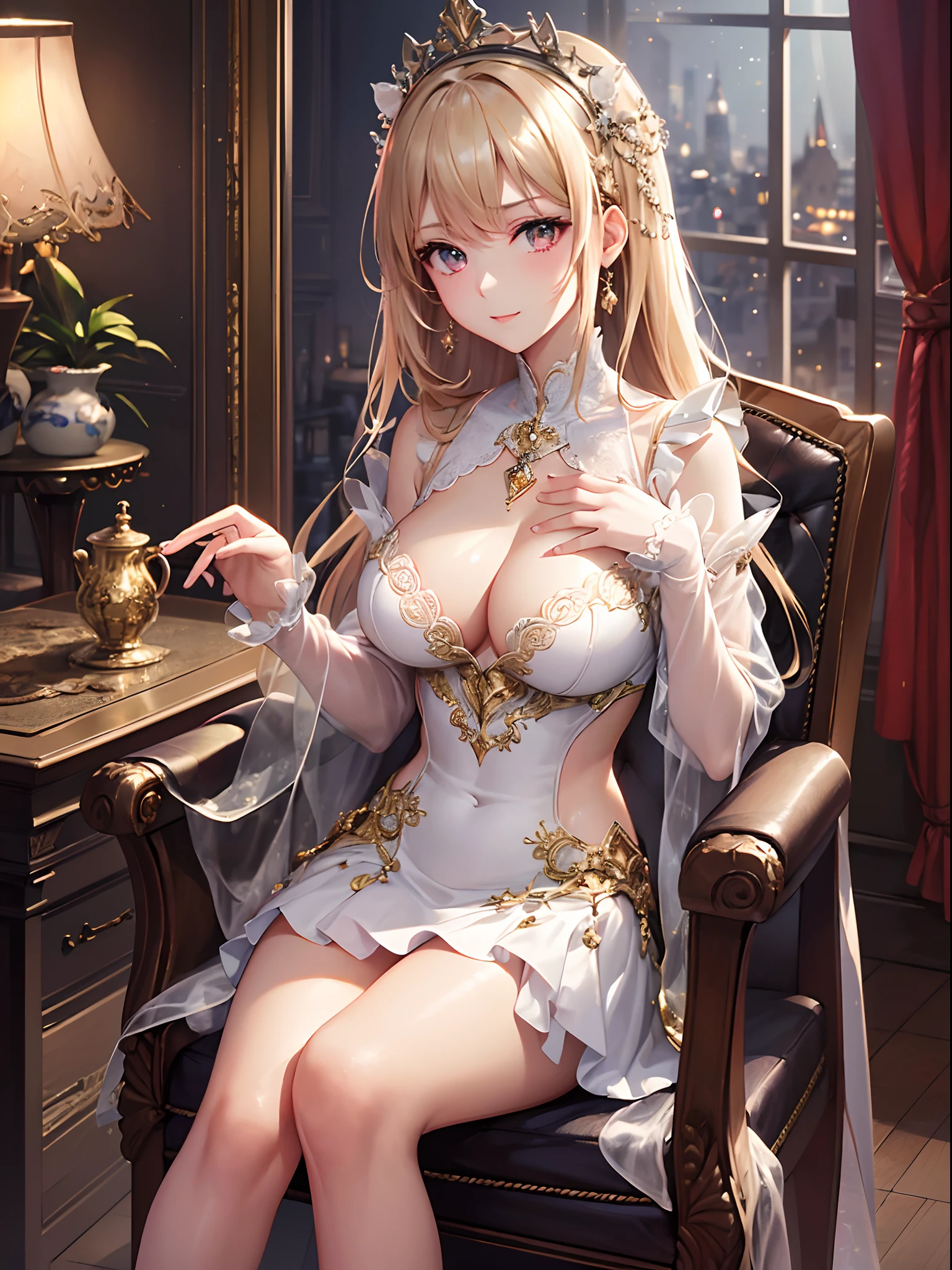 ((Finest quality)),(超A high resolution),(ultra-detailliert),((Best Anime)),sharpnes,Clair,Art with astounding depictions,Glamorous atmosphere:1.4, (dame:1.3,Glittering dresses),Sit on a chair and hold a cat to your chest