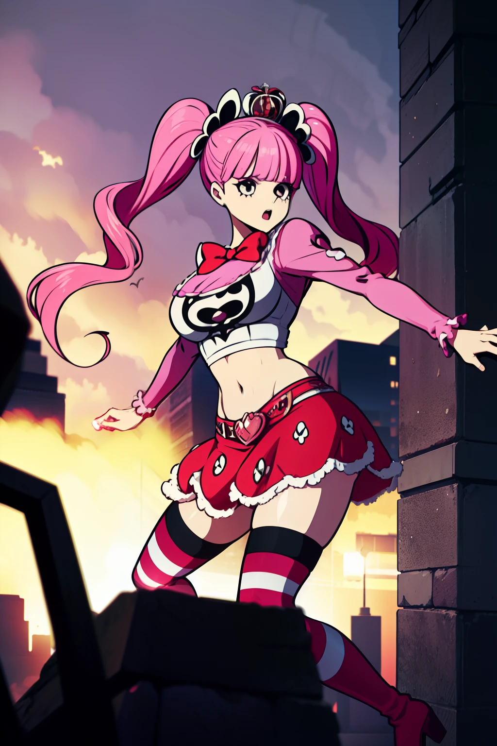 Perona, 1girl, pink hair, black eyes, blunt bangs, drill hair, red lipstick, long twintails, crown, (white and black striped stockings), long red boots, red capelet, pink bowtie, white shirt with sleeves, red skirt, midriff, perfect anatomy, solo, zombie, multiple boys, crowd, glowing eyes, undead, horror (theme), ugly man, glowing eyes, blood, post-apocalyptic city