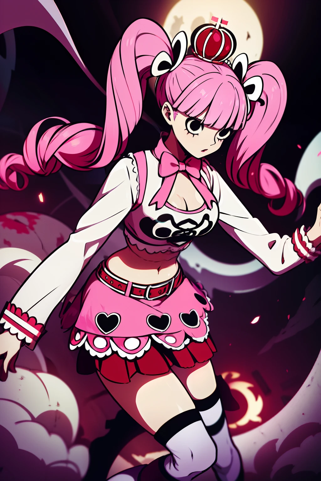 Perona, 1girl, pink hair, black eyes, blunt bangs, drill hair, red lipstick, long twintails, crown, (white and black striped stockings), long red boots, red capelet, pink bowtie, white shirt with sleeves, red skirt, midriff, perfect anatomy, solo, zombie, multiple boys, crowd, glowing eyes, undead, horror (theme), ugly man, glowing eyes, blood, post-apocalyptic city