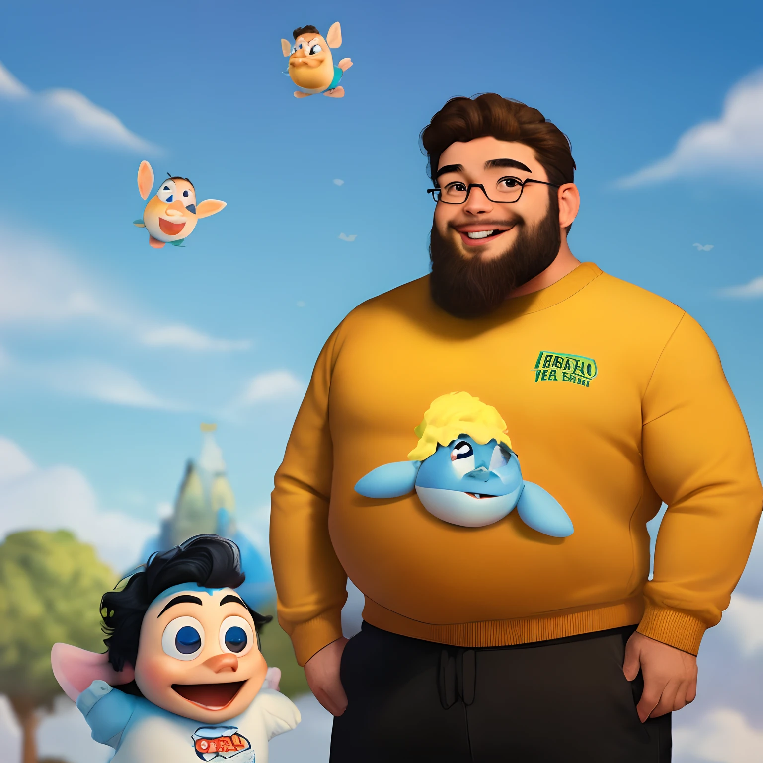 Jovem Gordinho barbudo nerd feliz estilo Disney pixar