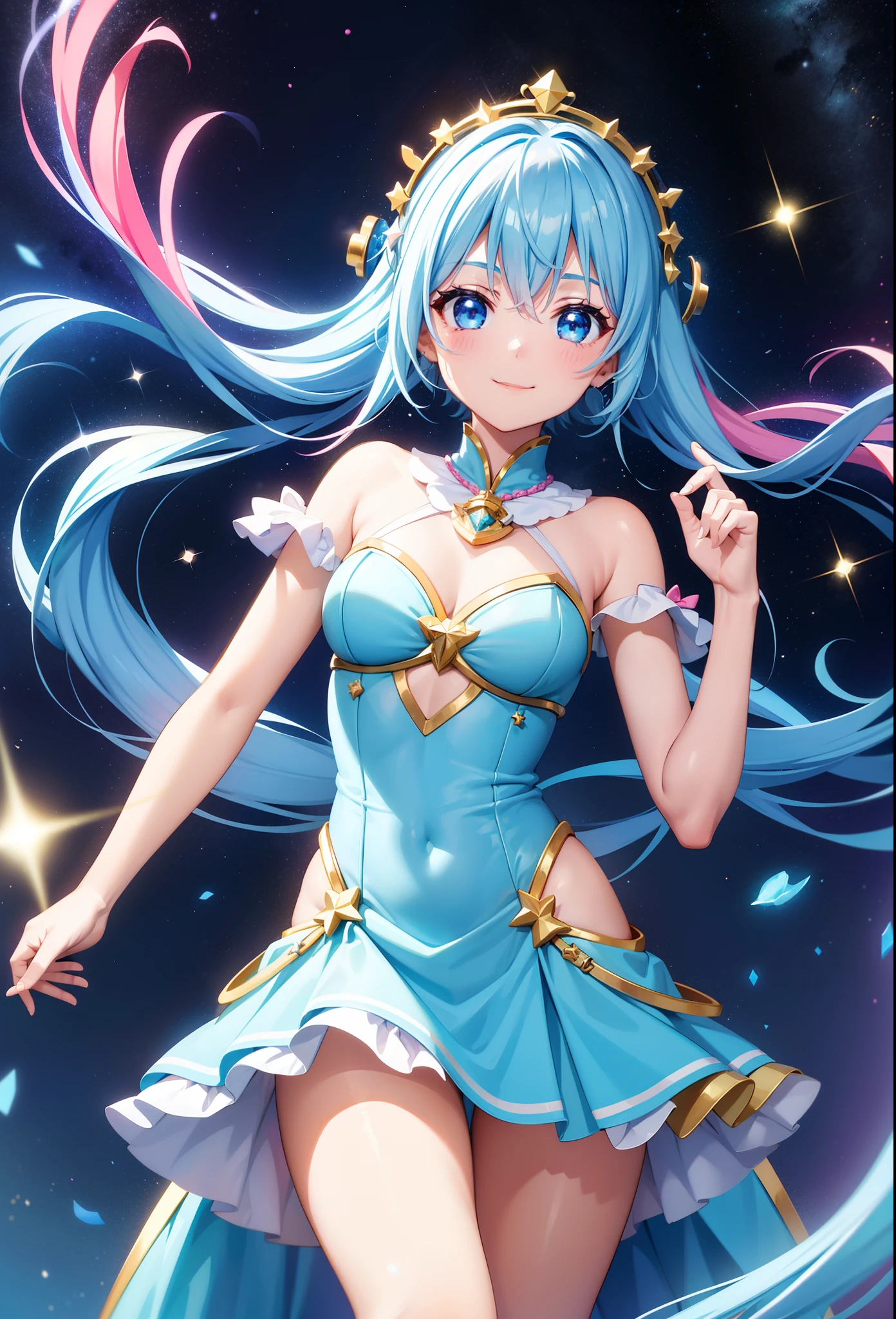 Super Idol a beauty girl A charming smile sky blue hair length hair Twin-tailed Glittery bright pink and white and blue and yellow leotards facing front Mystical Fantasia constellation a moon Crystal Brilliance Aurora Borealis in the Night Sky