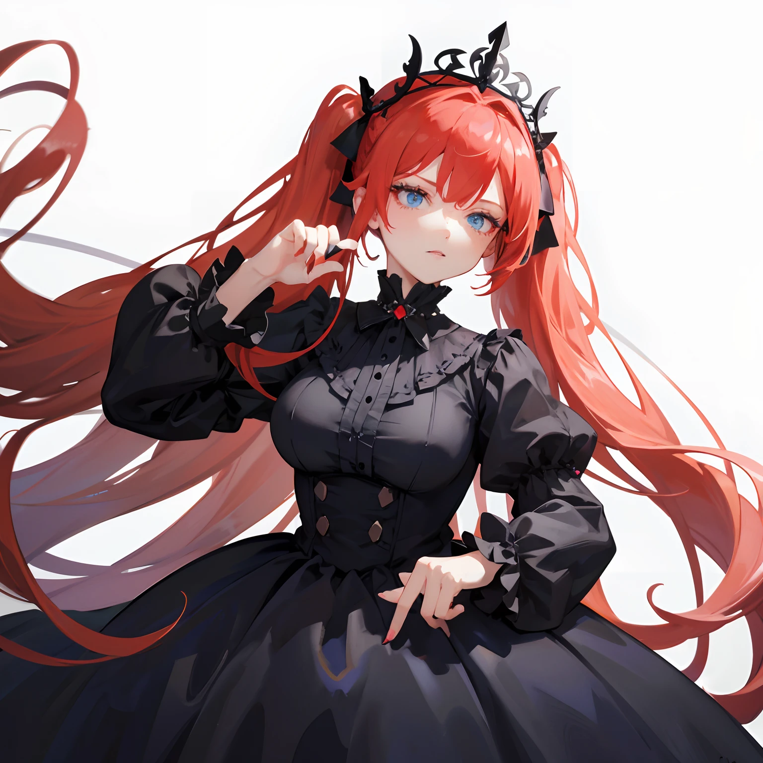 Red hair, Blue eyes, twintails, Goth Lolita, large breasts, Darkgoth, Collar,Crown tiara,pride,solo,Long hair, hight resolution, top-quality, ultra-quality, 4k, intricately eyes, intricately hair, intricately clothing, white background