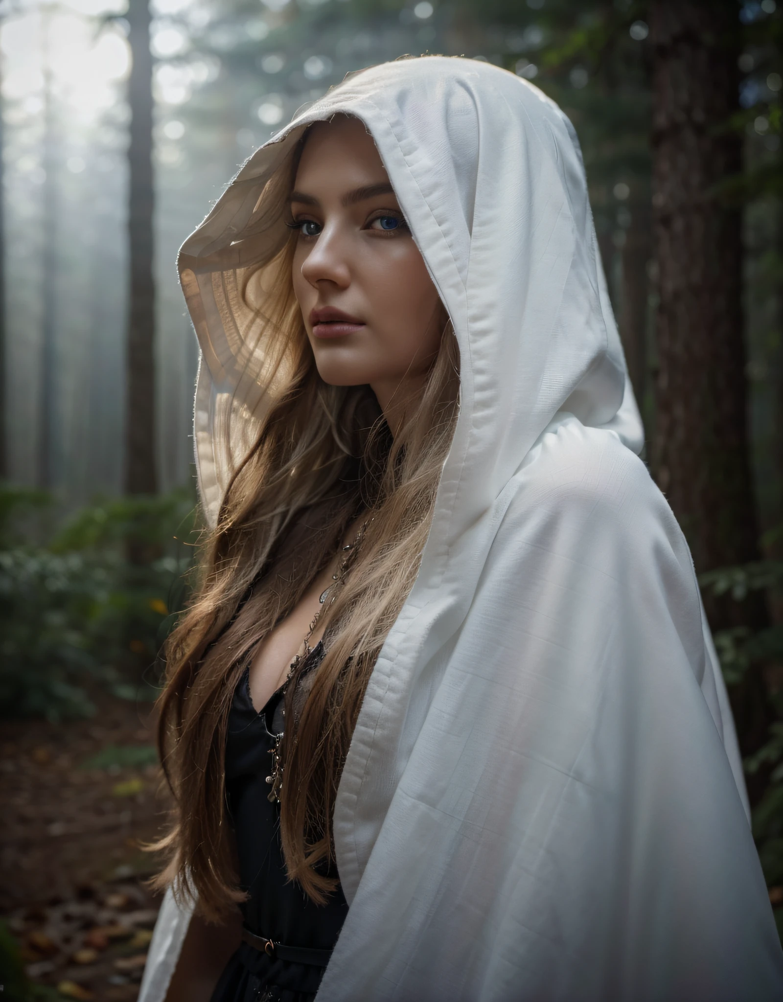 Druid woman with black wool hood black dress pale blonde hair pale white skin light blue eyes face of a Romanian woman, she is in a Romanian forest with a lot of fog, low light, ultra realistic, Ultra detailed, hyper realistic, 4k, Ultra detailed image, realistic , Highly detailed, perfect composition, beautiful, intricately detailed, incredibly detailed, 8k art photography, hyper detailed, ultra realistic masterpiece, ultra detailed, hyper realistic, 4k, ultra detailed image, realistic, highly detailed, perfect composition, beautiful, intricately detailed , incredibly detailed, art photography 8k, hyper detailed, masterpiece