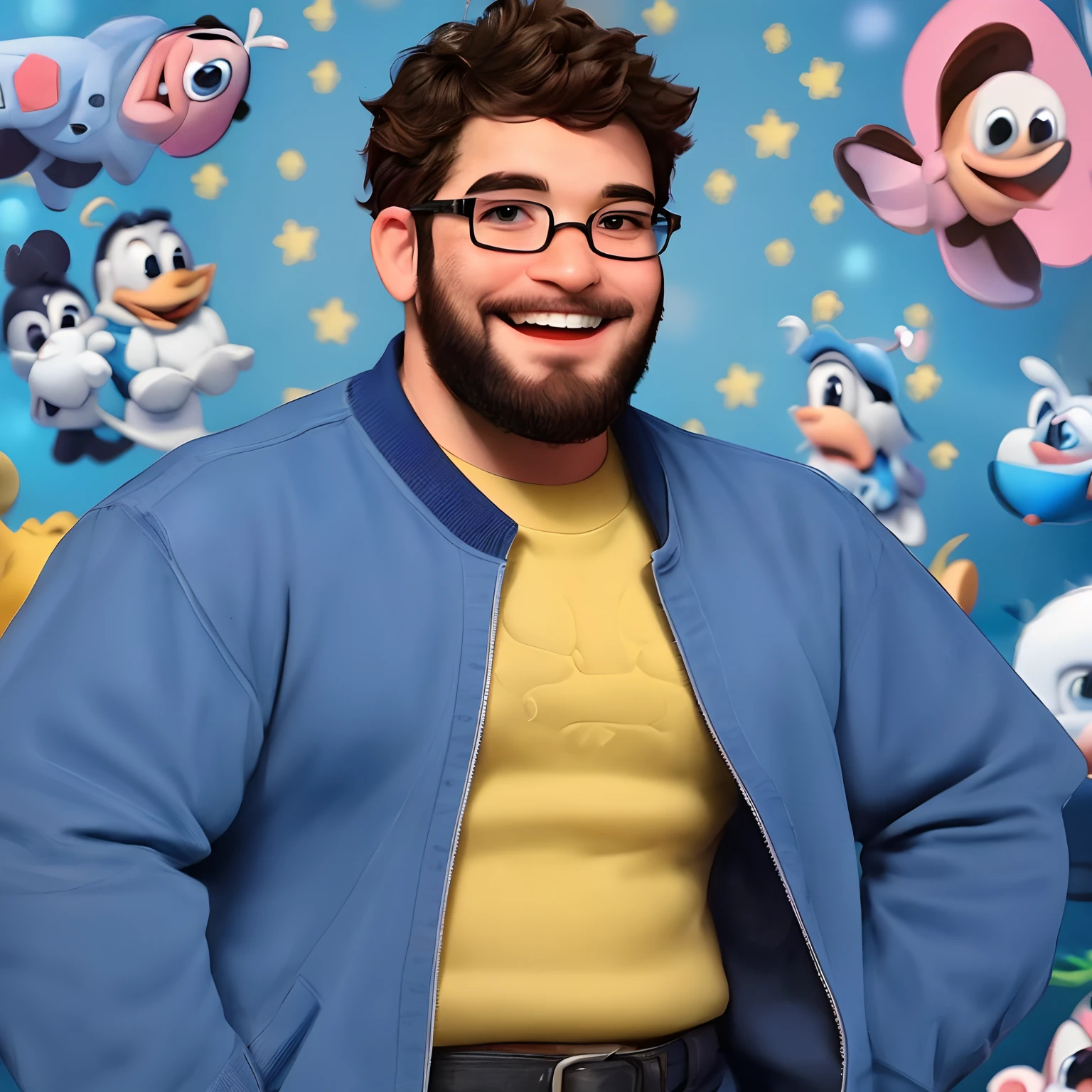 Jovem Gordinho barbudo nerd feliz estilo Disney pixar