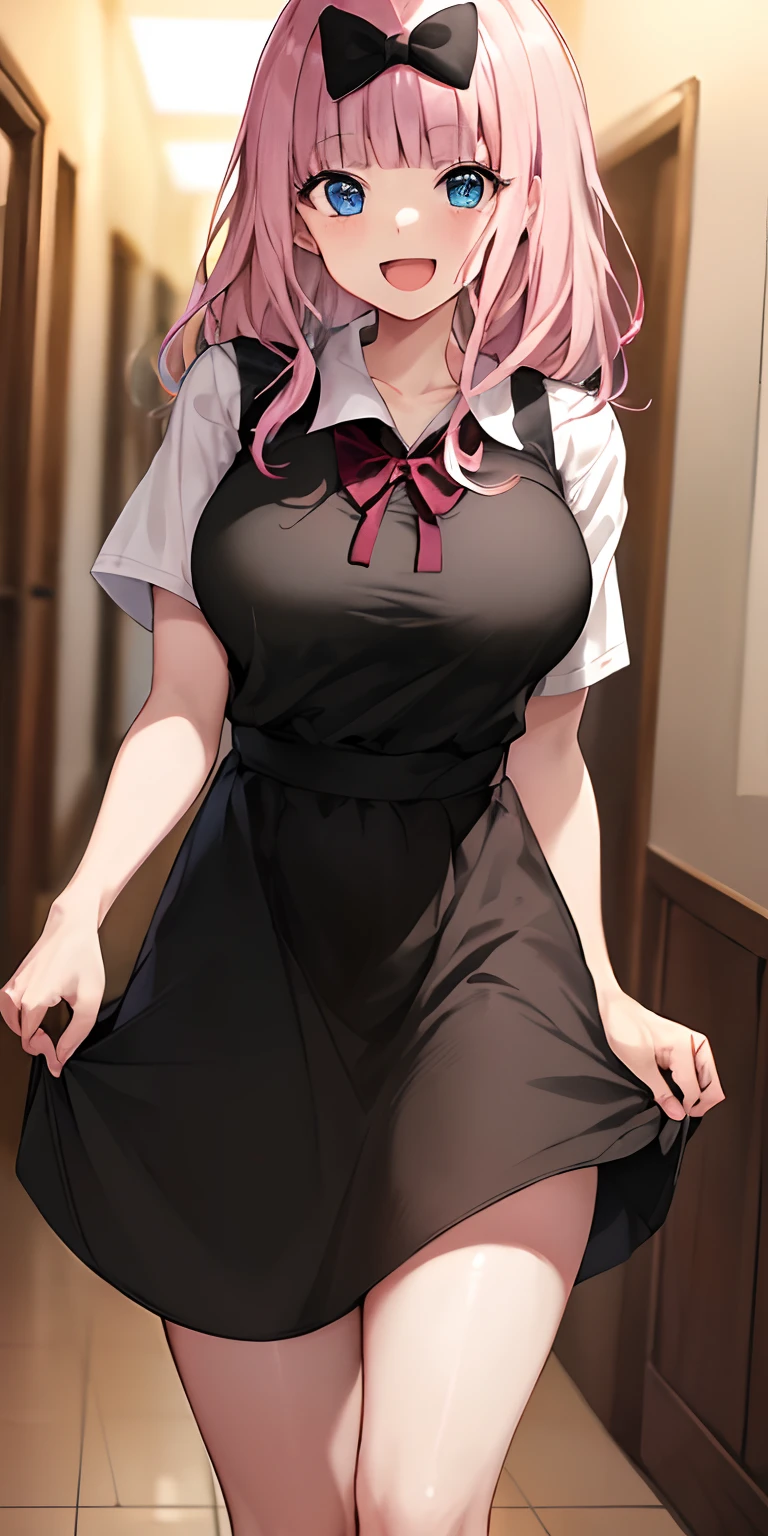 2d, masterpiece, best quality, anime, highly detailed, cowboy shot, 1girl, solo, fujiwara chika, blue eyes, pink hair, hair bow, black bow, school uniform, summer uniform, large breasts, standing, indoors, hallway, :d