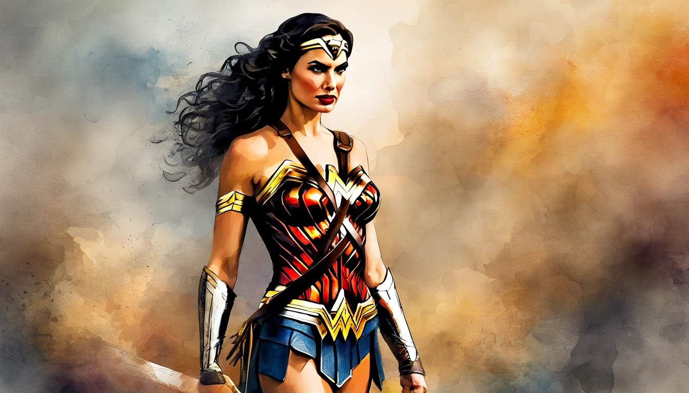 "poster, retrato, wonder woman, hermosa, rostro detallado, medias, pose heroica, en Atenas, hermoso paisaje, gran profundidad de campo, arte digital, obra maestra, calidad UHD".