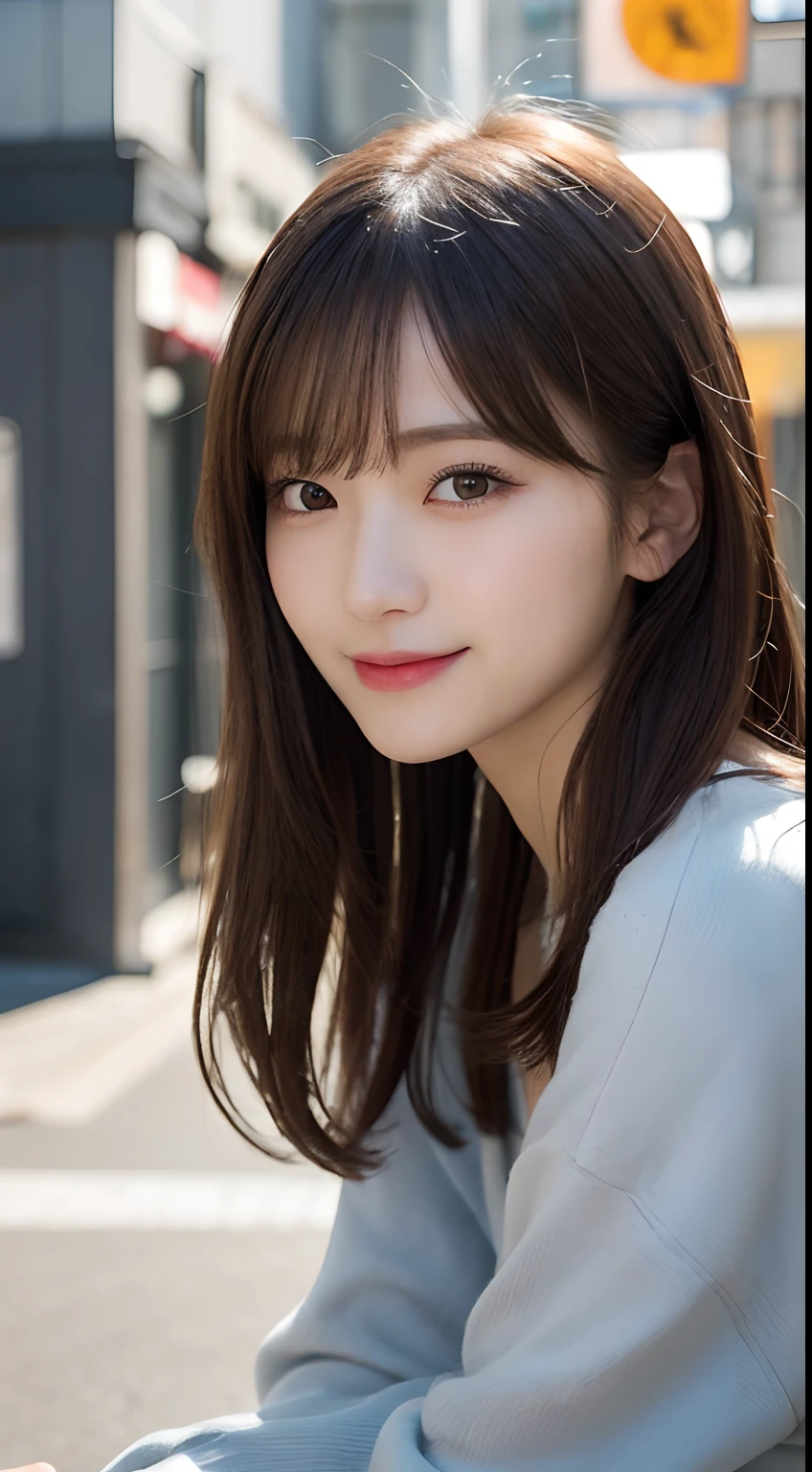 finely detail, hight resolution, hightquality、Perfect dynamic composition, Beautiful detailed eyes, Medium Hair, small tits、Natural Color Lip,Kamimei、Shibuya、20 years girl、1 persons、Transparent skin、Glowing hair、masutepiece, Best Quality, Illustration, Ultra-detailed, finely detail, hight resolution, 8K、The correct state of the human body、Crouch down、pretty pose,dishevled hair,beauty legs,Perfect beautiful face,KPOP Idol Face,Face with a smile all over his face