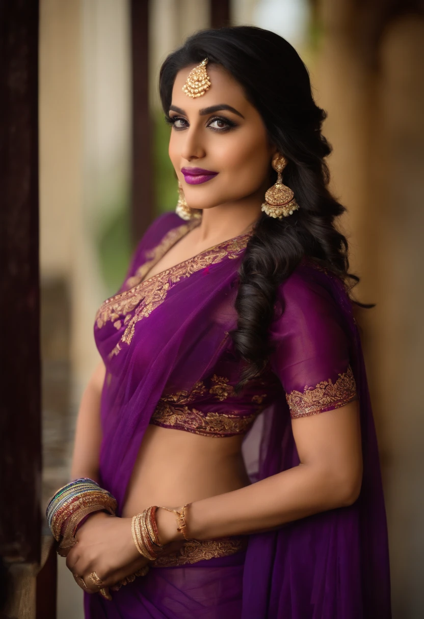 Zoey kush, wearing purple saree, capative looking, namaste position